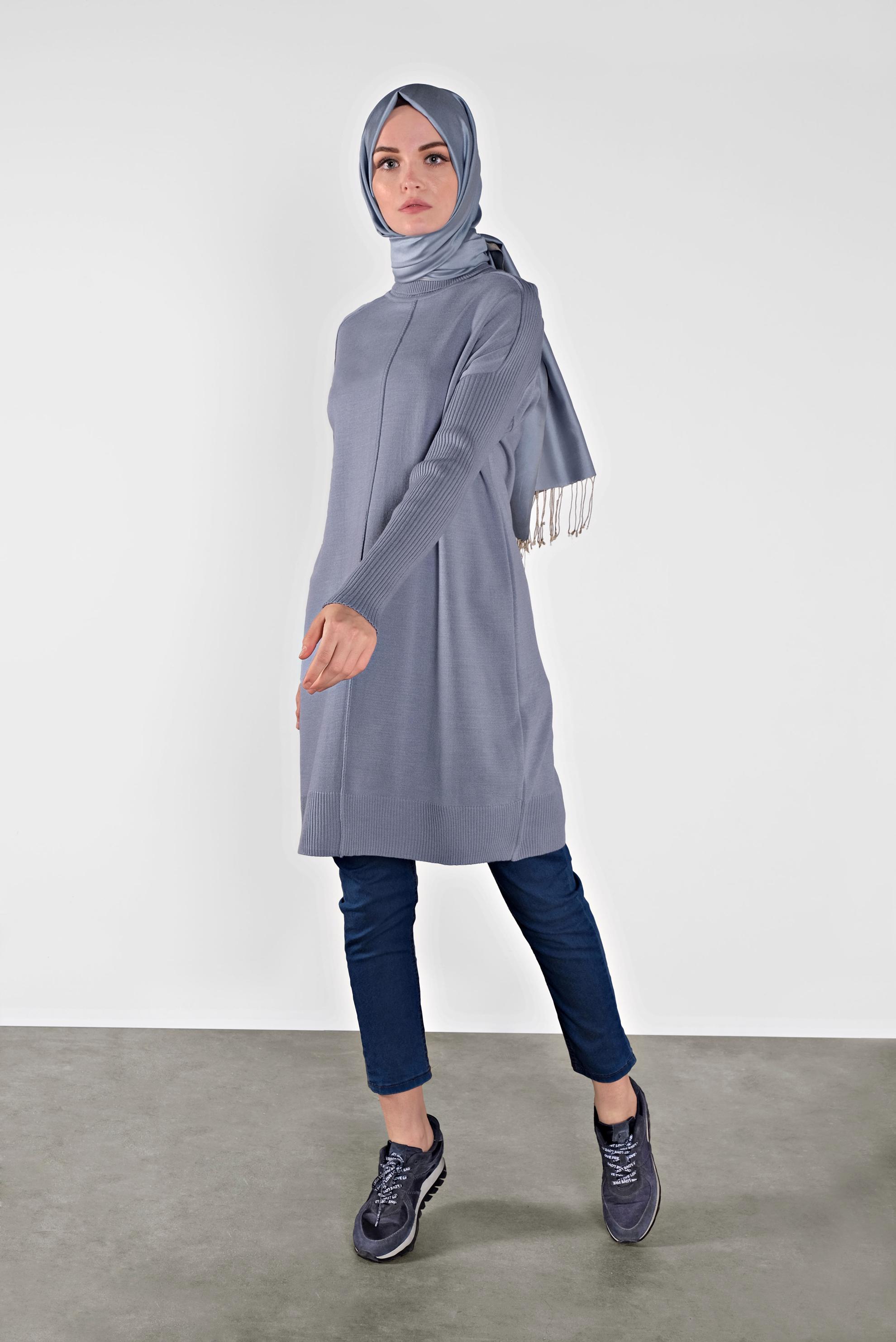 Tesettür giyim MAVİ BALIKÇI YAKA SALAŞ TRİKO TUNİK 40001