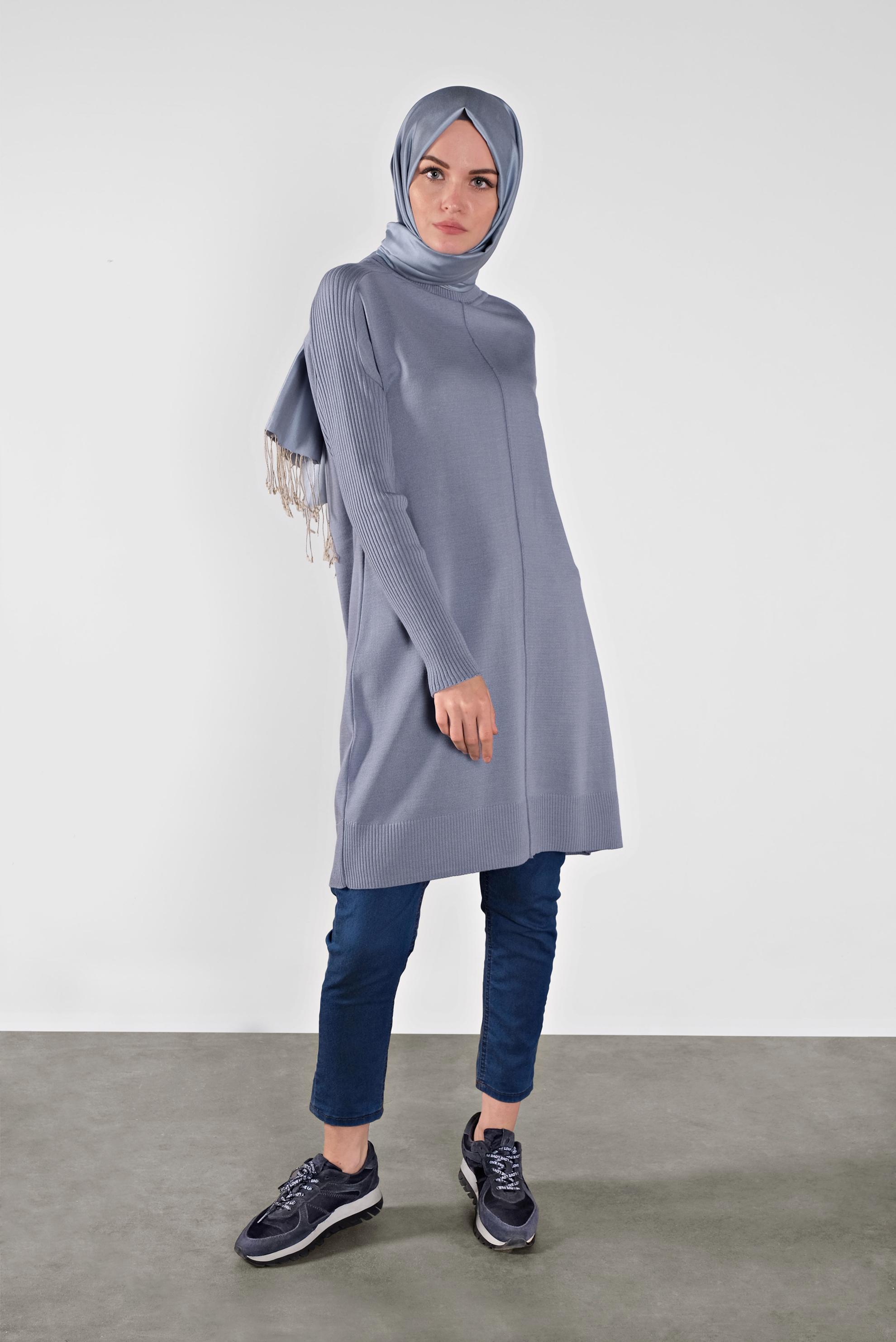 Tesettür giyim MAVİ BALIKÇI YAKA SALAŞ TRİKO TUNİK 40001