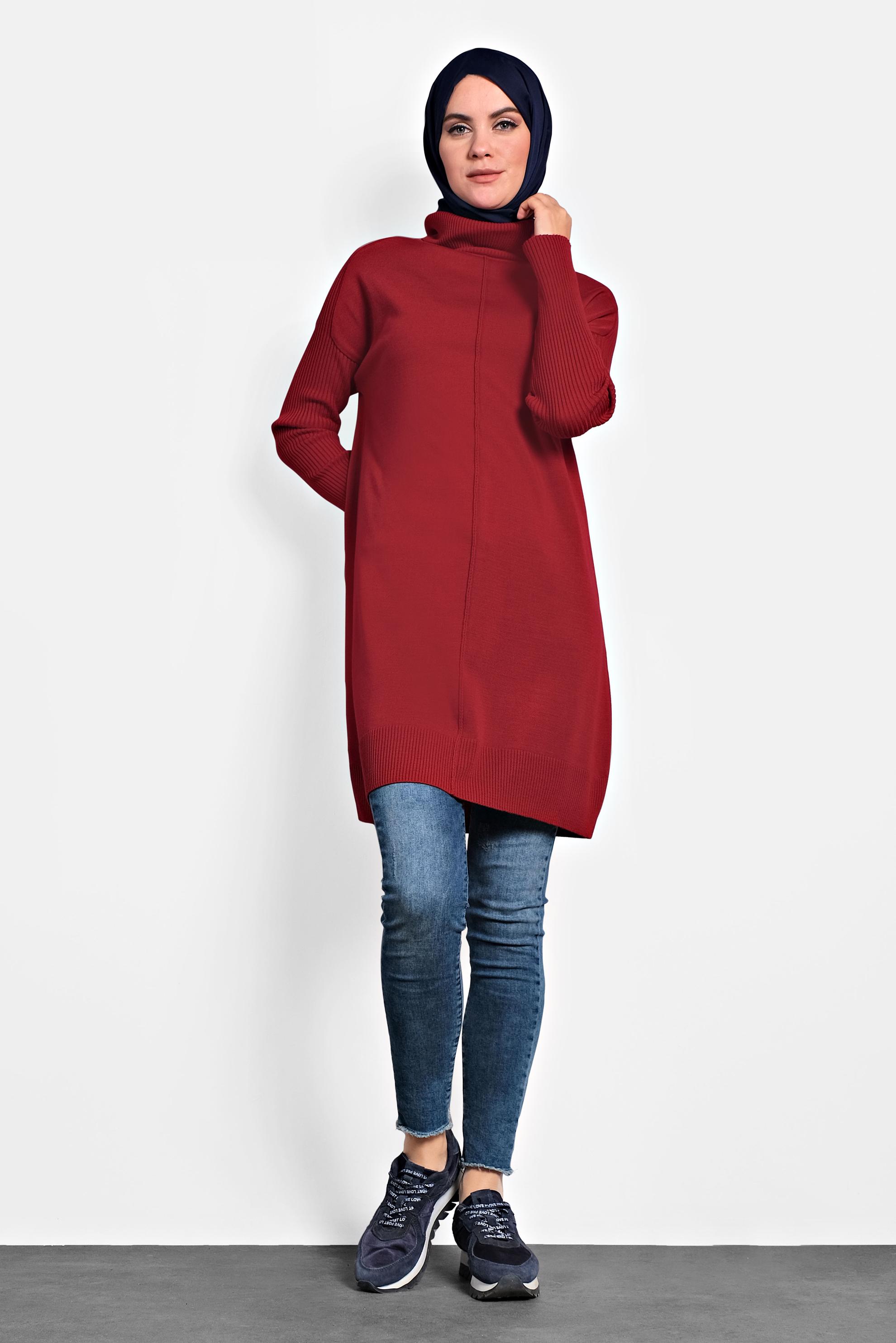 Tesettür giyim KIRMIZI BALIKÇI YAKA SALAŞ TRİKO TUNİK 40001