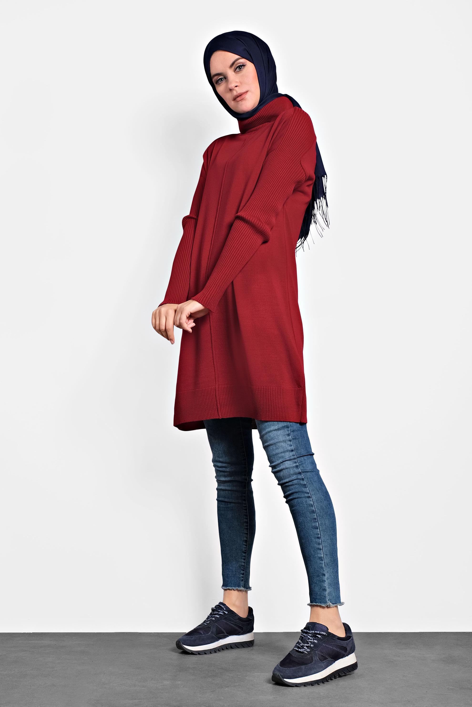 Tesettür giyim KIRMIZI BALIKÇI YAKA SALAŞ TRİKO TUNİK 40001
