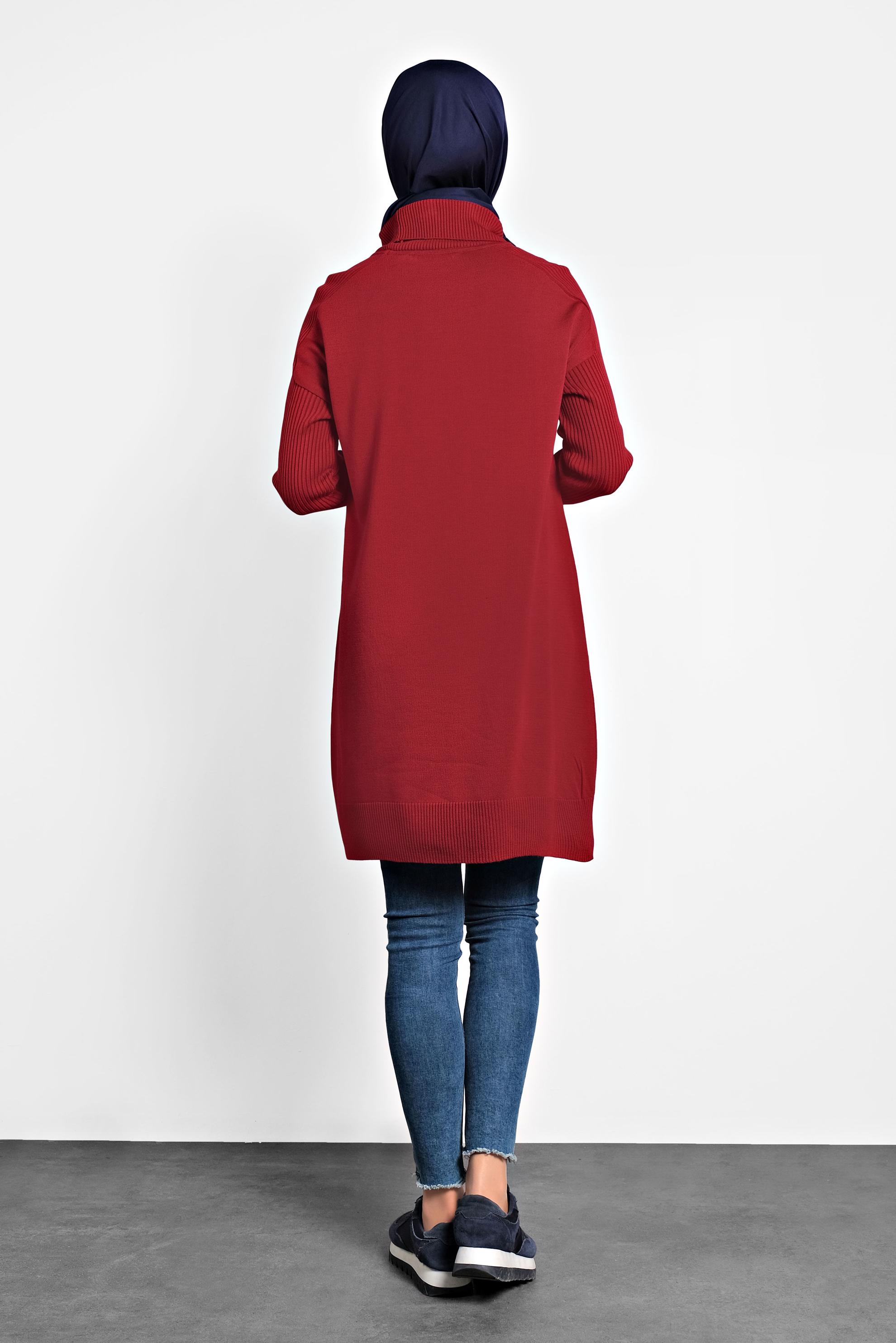 Tesettür giyim KIRMIZI BALIKÇI YAKA SALAŞ TRİKO TUNİK 40001