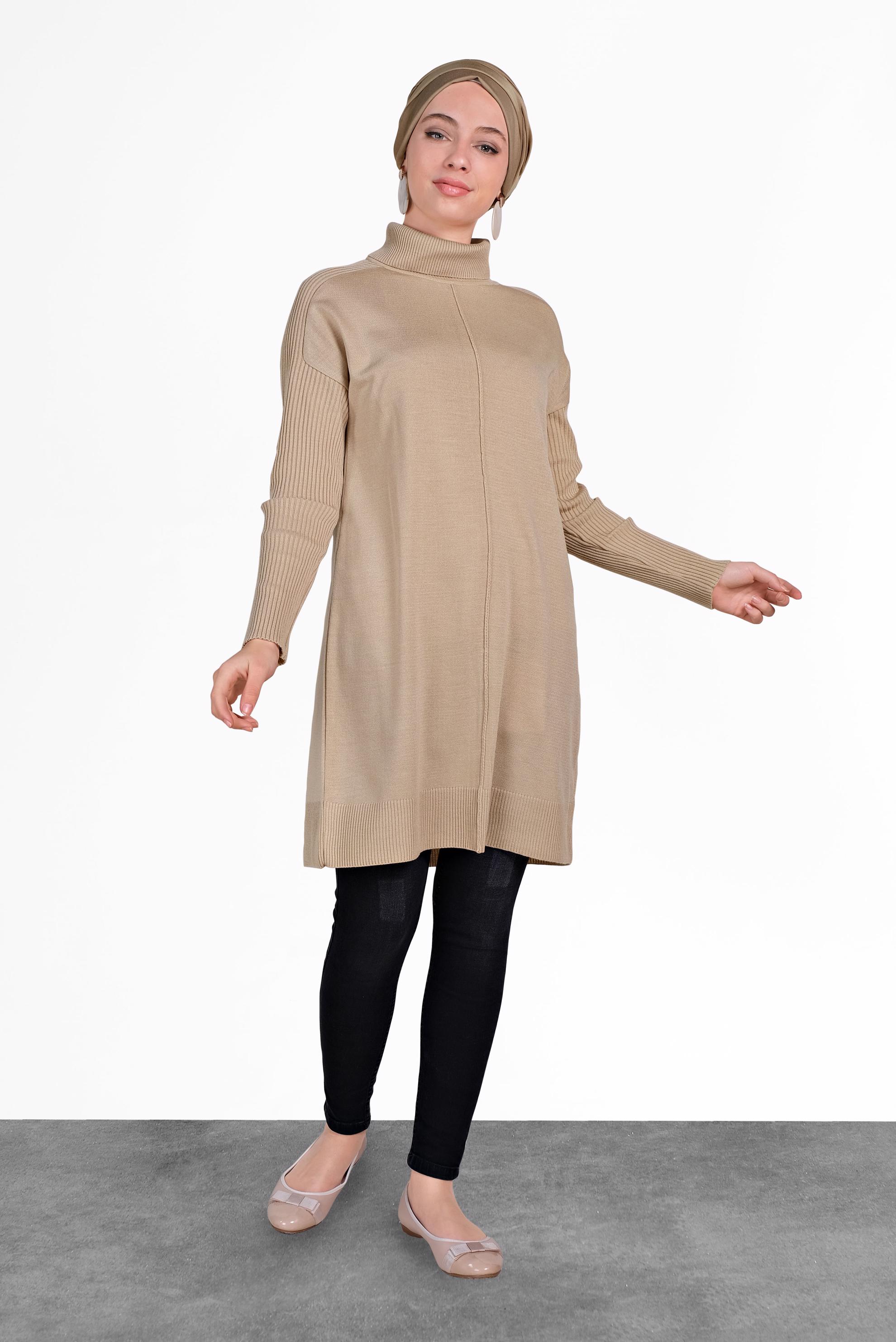 Tesettür giyim BEJ BALIKÇI YAKA SALAŞ TRİKO TUNİK 40001