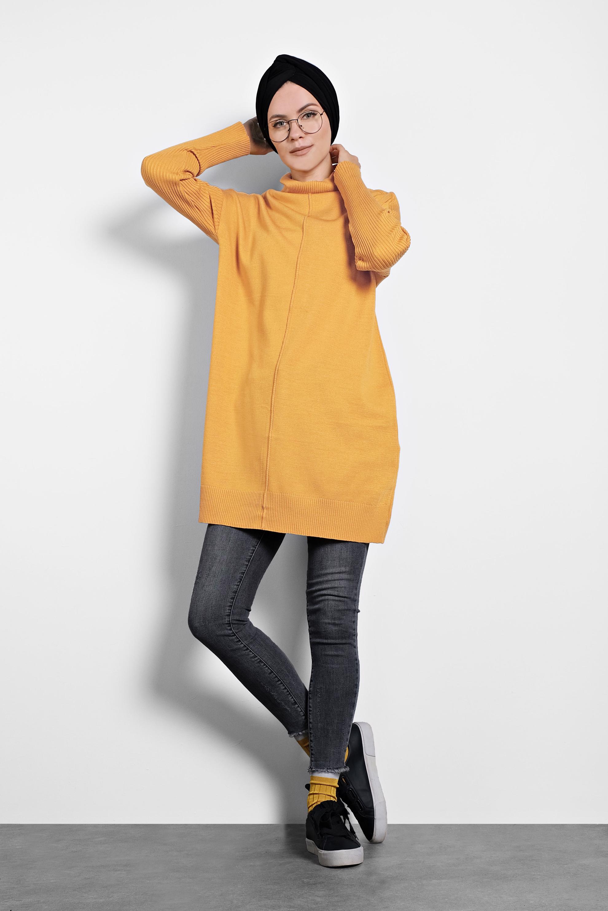 Tesettür giyim SARI BALIKÇI YAKA SALAŞ TRİKO TUNİK 40001