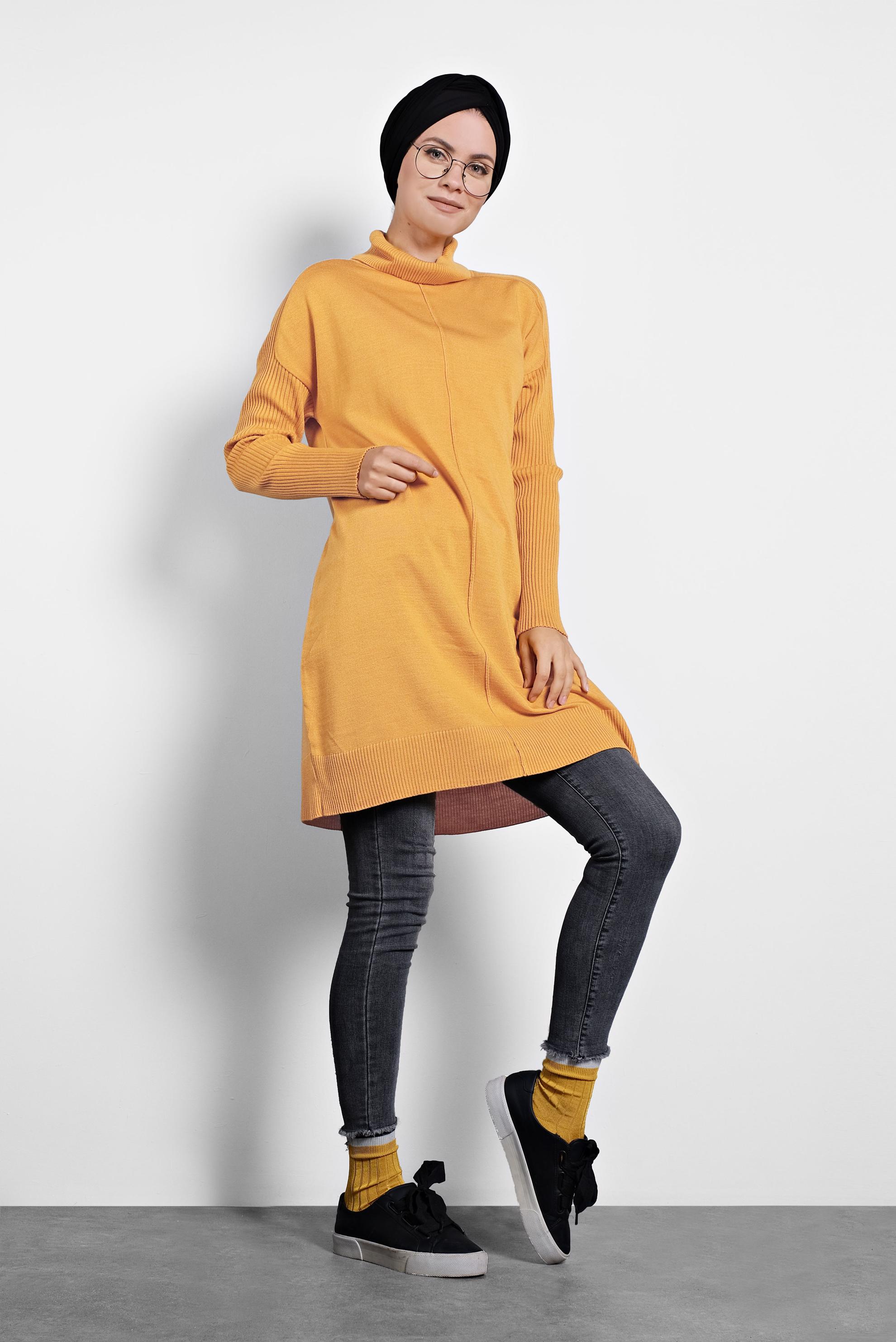 Tesettür giyim SARI BALIKÇI YAKA SALAŞ TRİKO TUNİK 40001