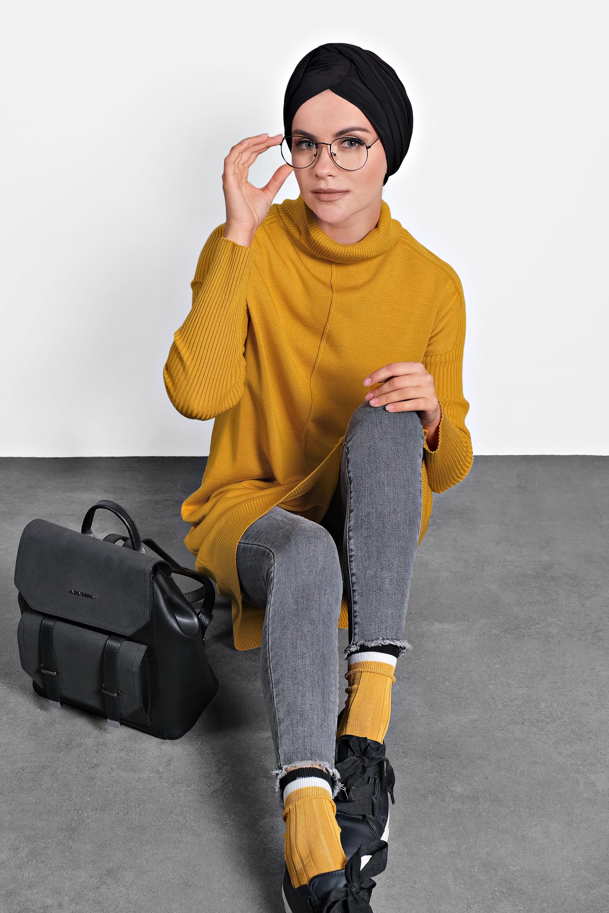 Tesettür giyim SARI BALIKÇI YAKA SALAŞ TRİKO TUNİK 40001