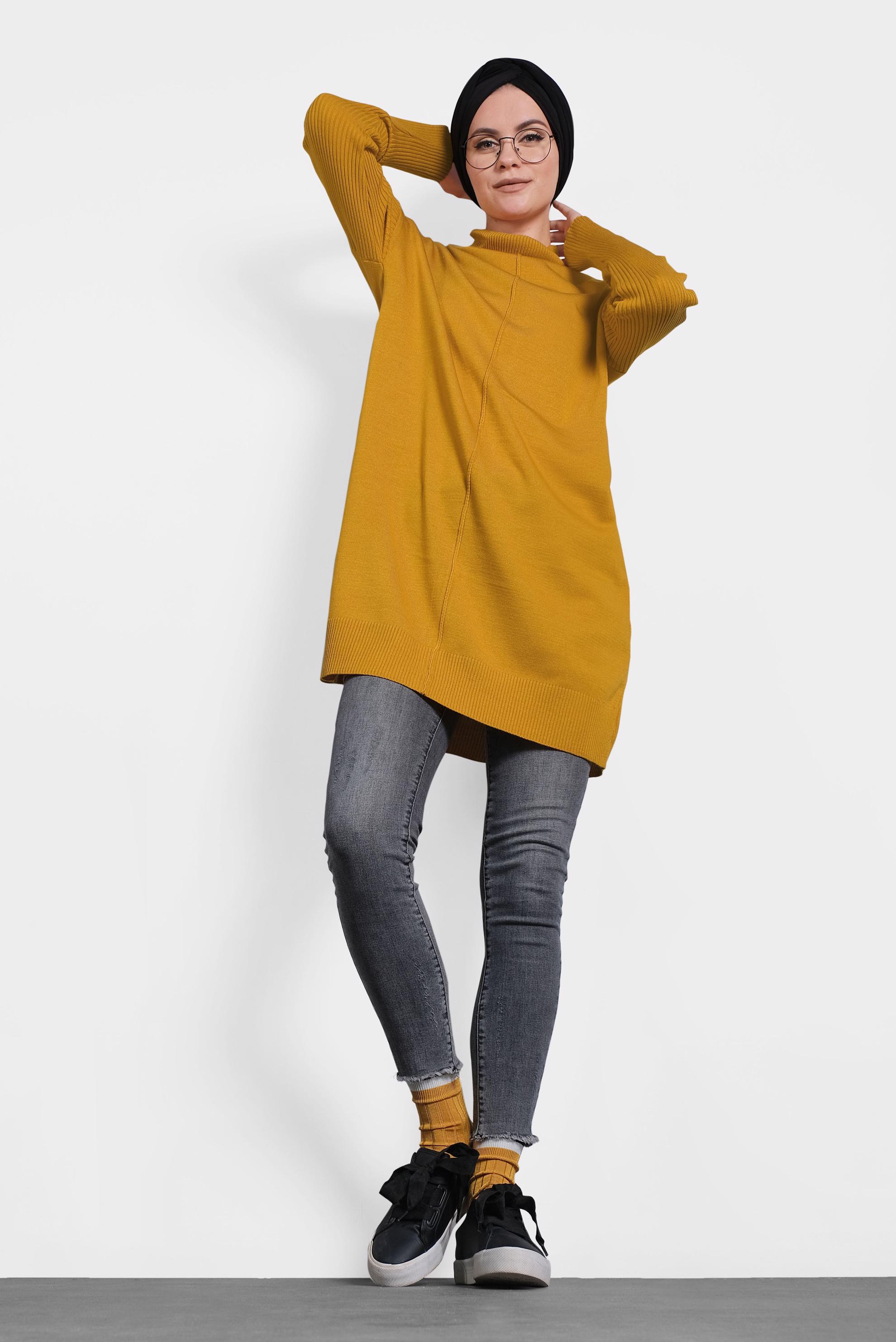 Tesettür giyim SARI BALIKÇI YAKA SALAŞ TRİKO TUNİK 40001