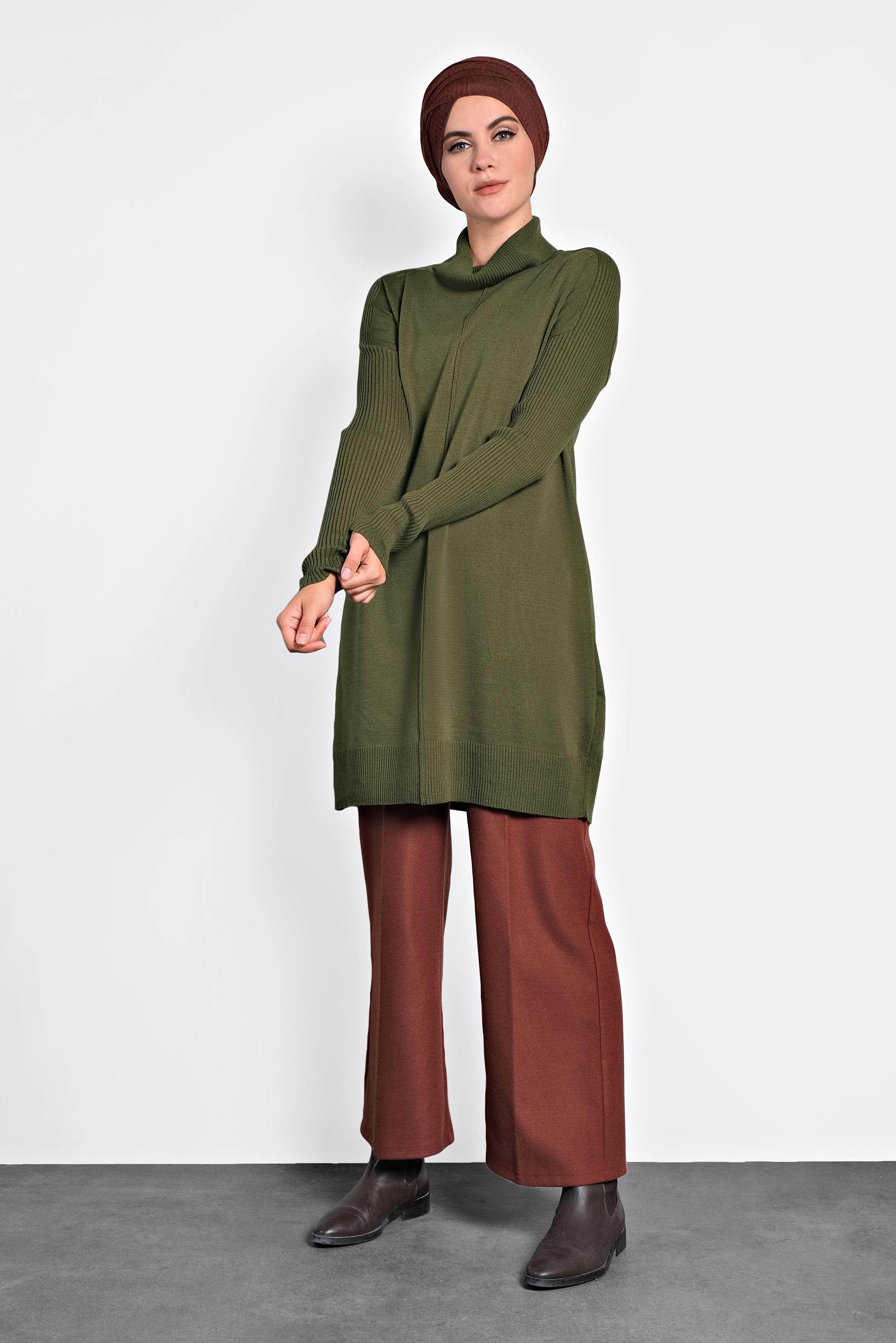 Tesettür giyim HAKİ BALIKÇI YAKA SALAŞ TRİKO TUNİK 40001