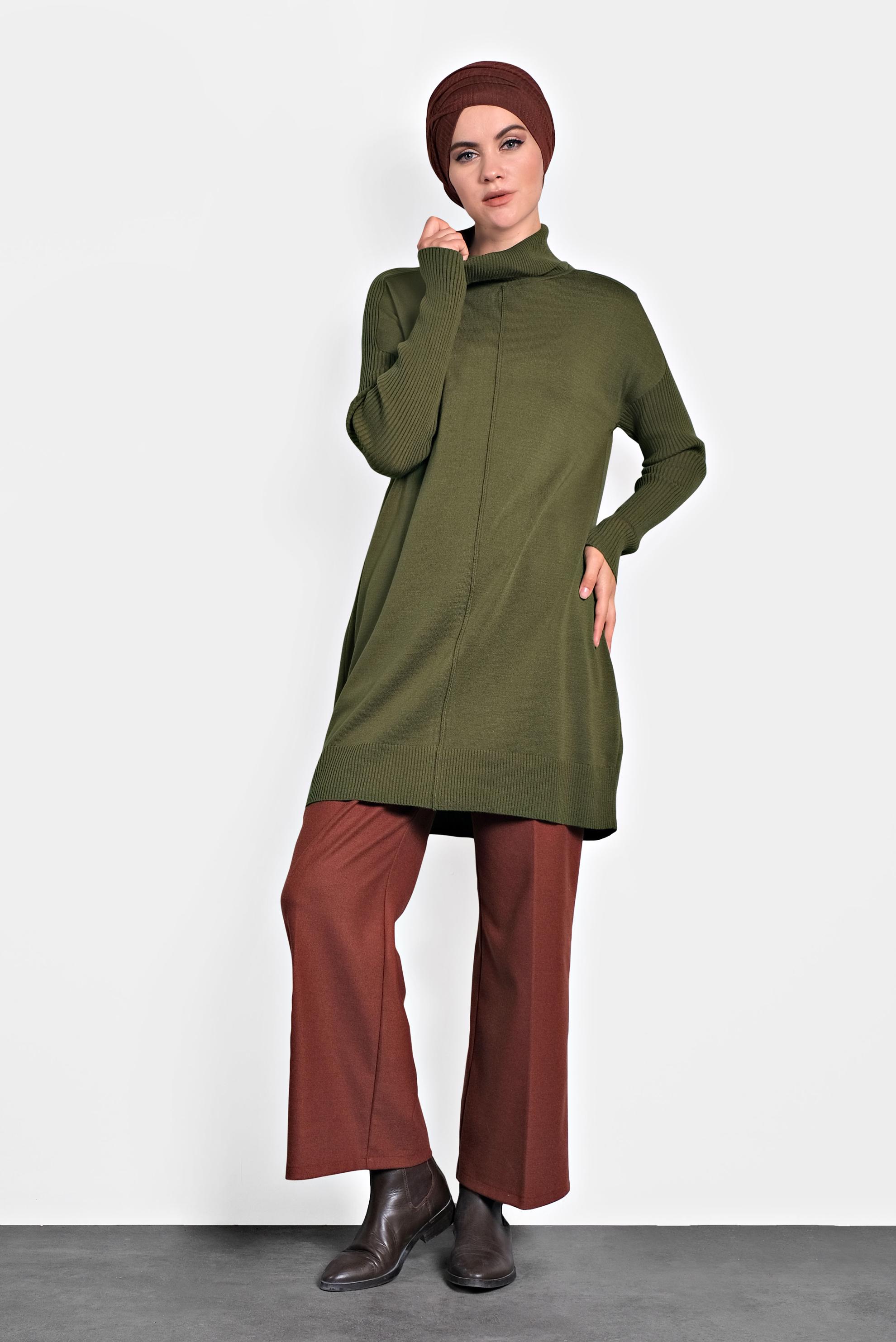 Tesettür giyim HAKİ BALIKÇI YAKA SALAŞ TRİKO TUNİK 40001