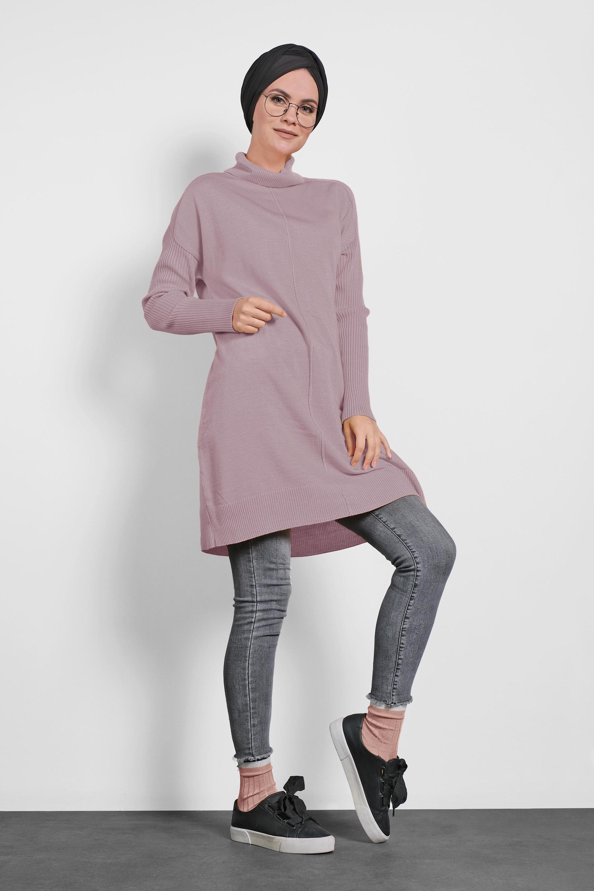 Tesettür giyim PUDRA BALIKÇI YAKA SALAŞ TRİKO TUNİK 40001