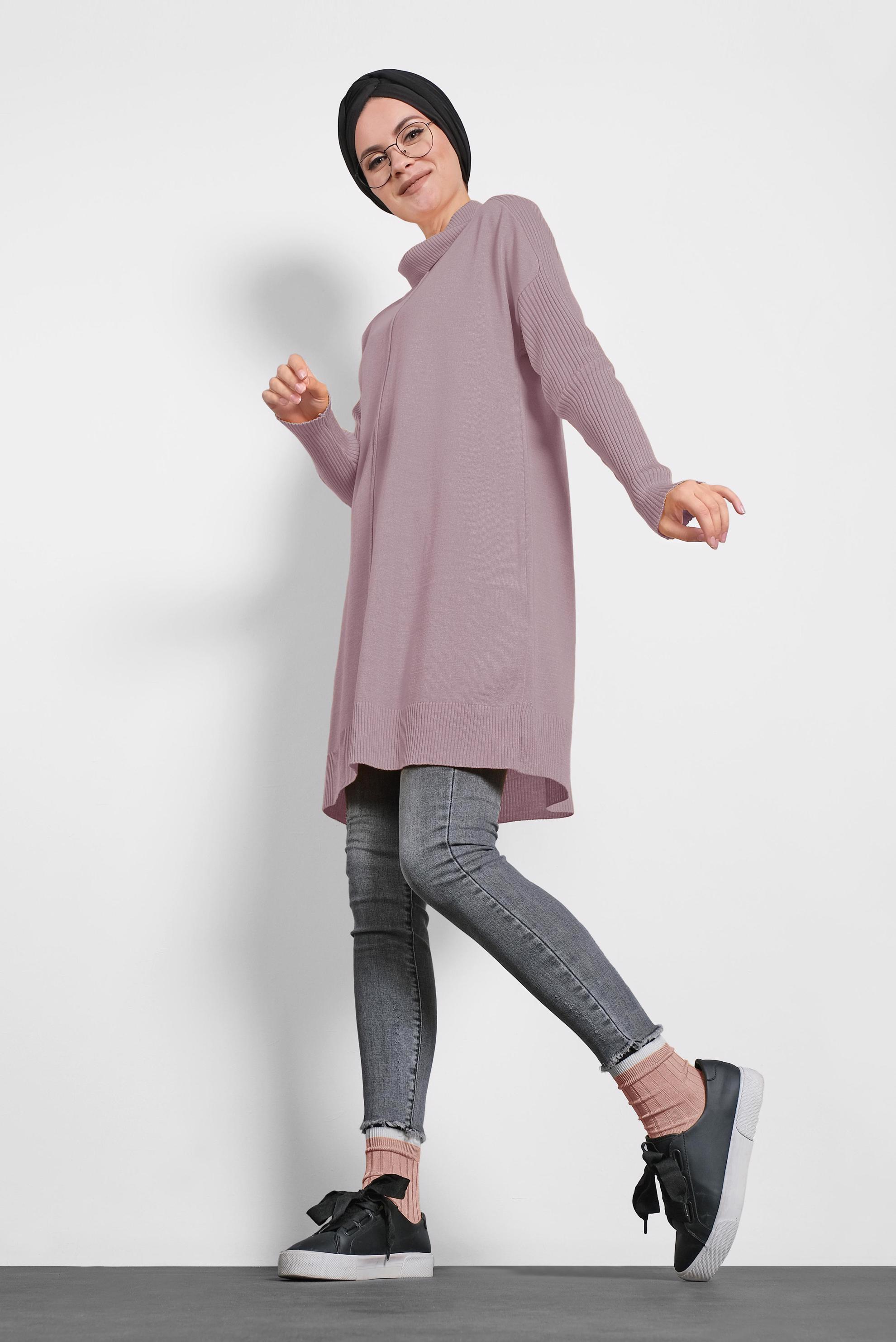 Tesettür giyim PUDRA BALIKÇI YAKA SALAŞ TRİKO TUNİK 40001