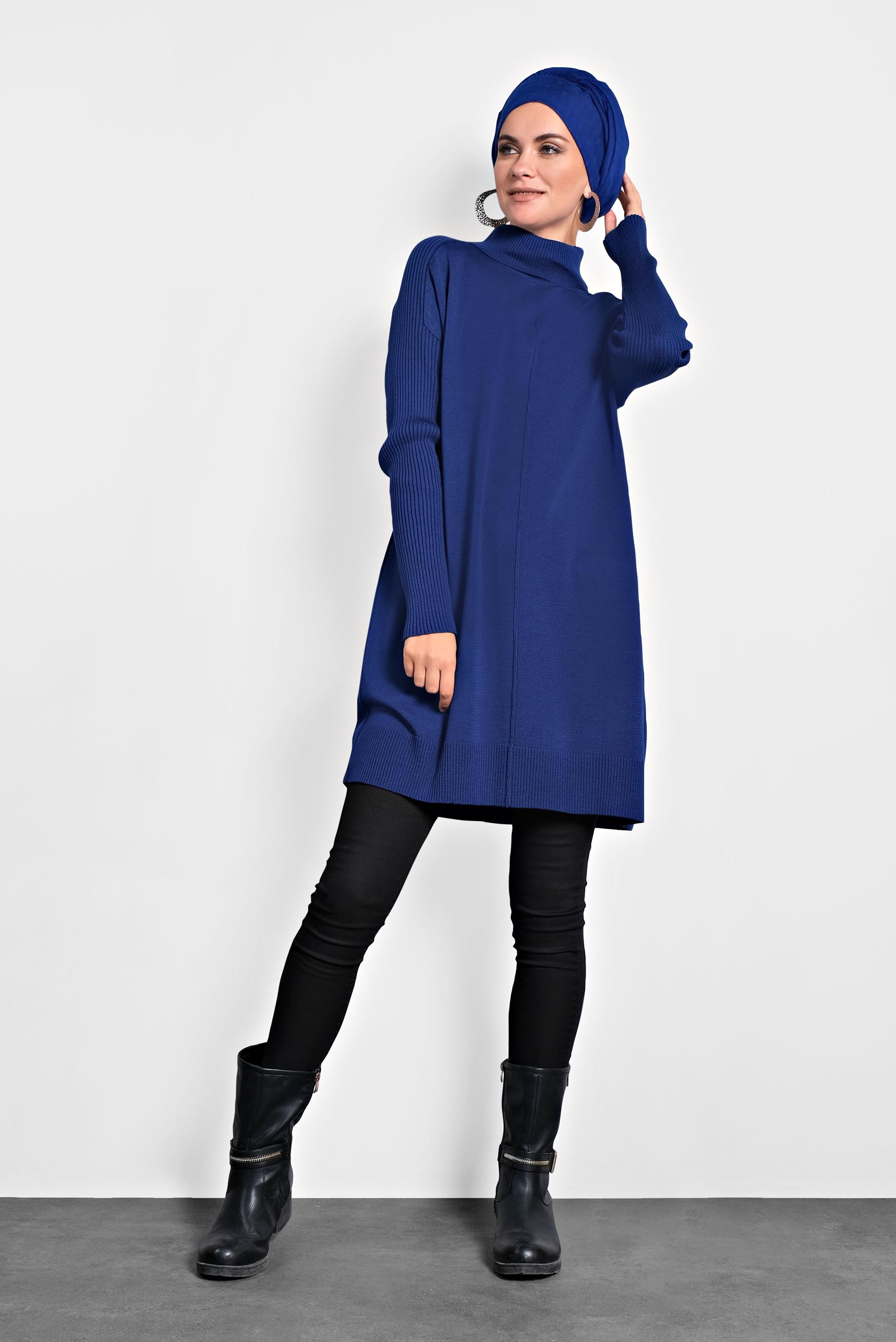 Tesettür giyim LACİVERT BALIKÇI YAKA SALAŞ TRİKO TUNİK 40001