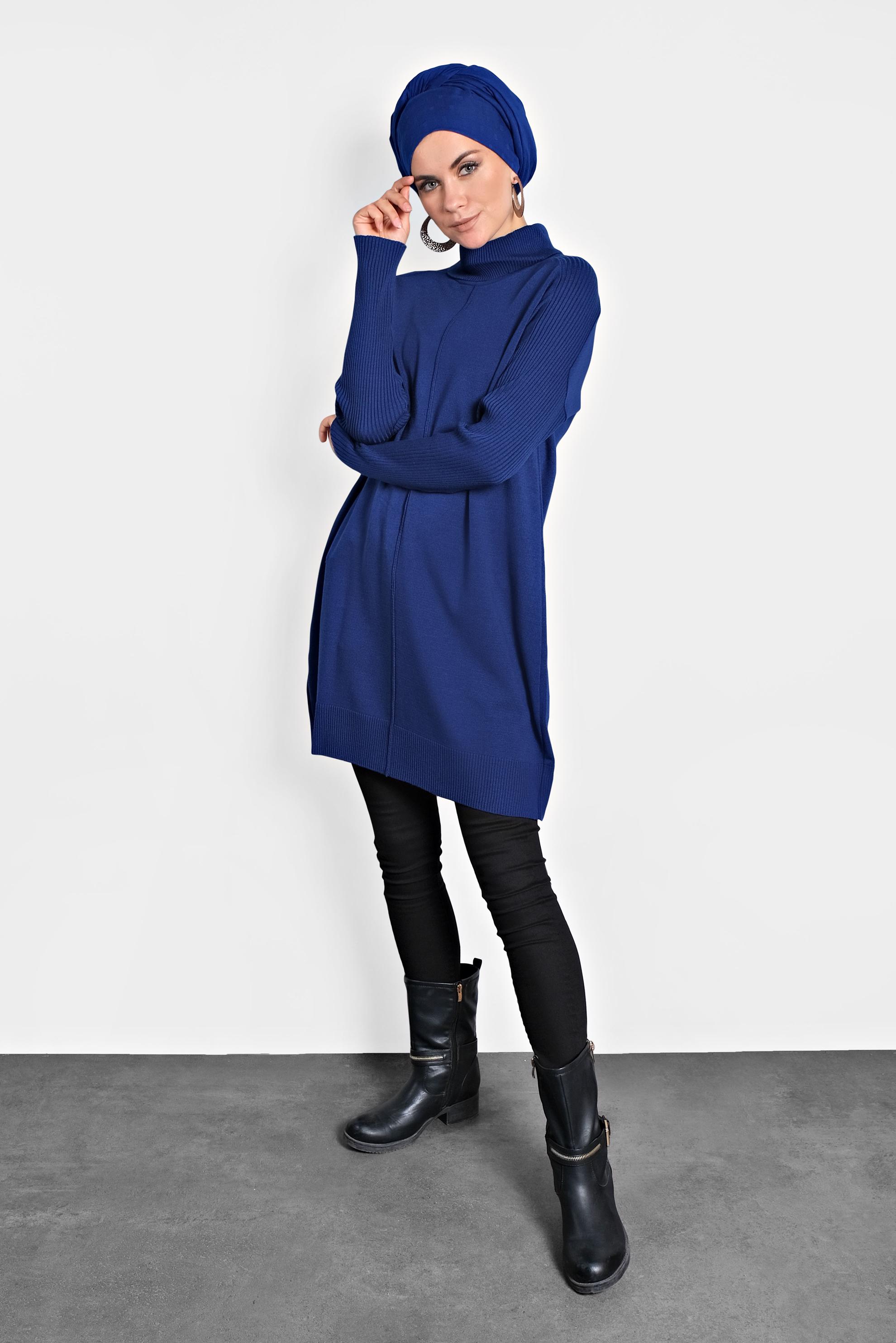 Tesettür giyim LACİVERT BALIKÇI YAKA SALAŞ TRİKO TUNİK 40001