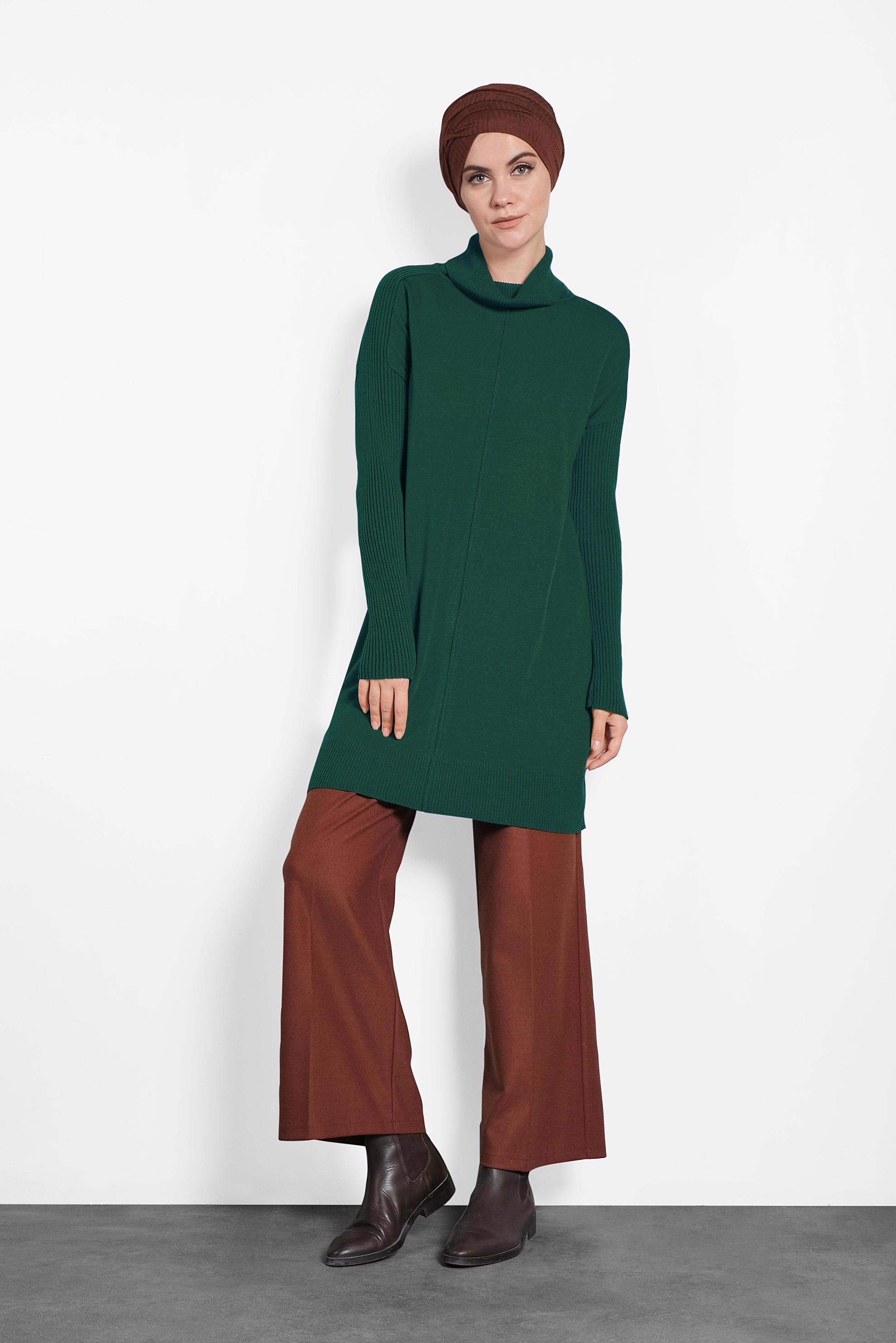 Tesettür giyim YEŞİL BALIKÇI YAKA SALAŞ TRİKO TUNİK 40001