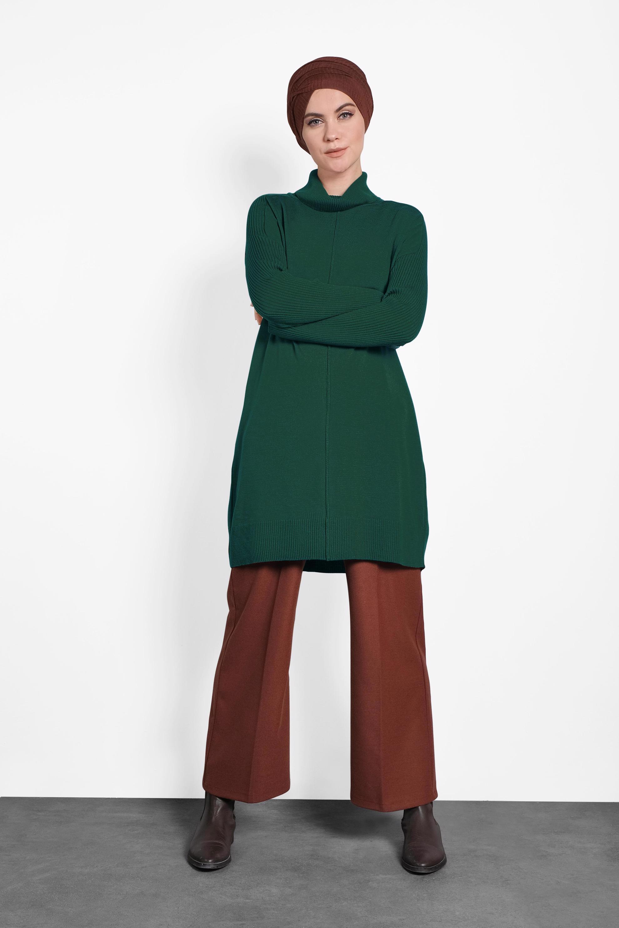 Tesettür giyim YEŞİL BALIKÇI YAKA SALAŞ TRİKO TUNİK 40001