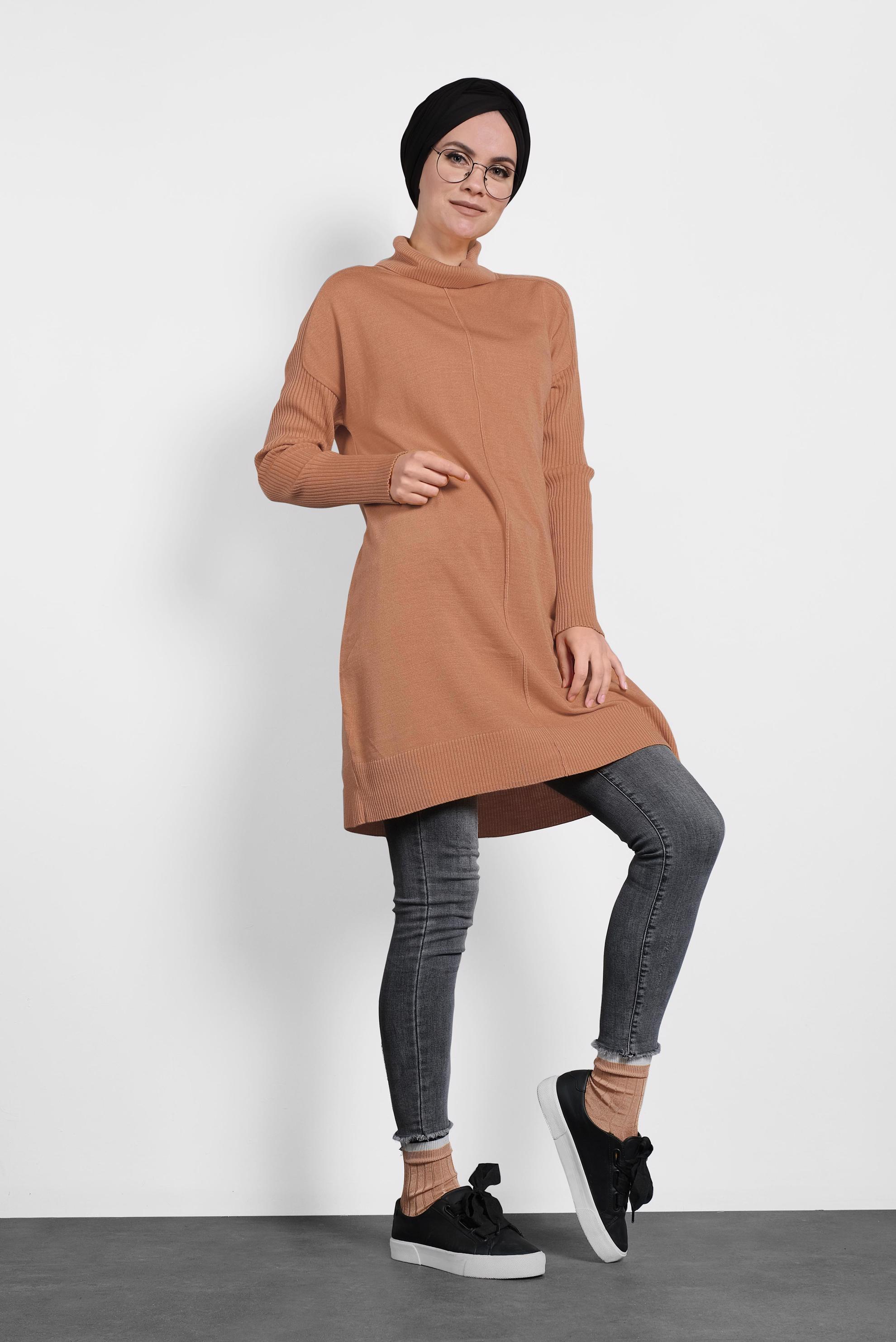 Tesettür giyim PEMBE BALIKÇI YAKA SALAŞ TRİKO TUNİK 40001