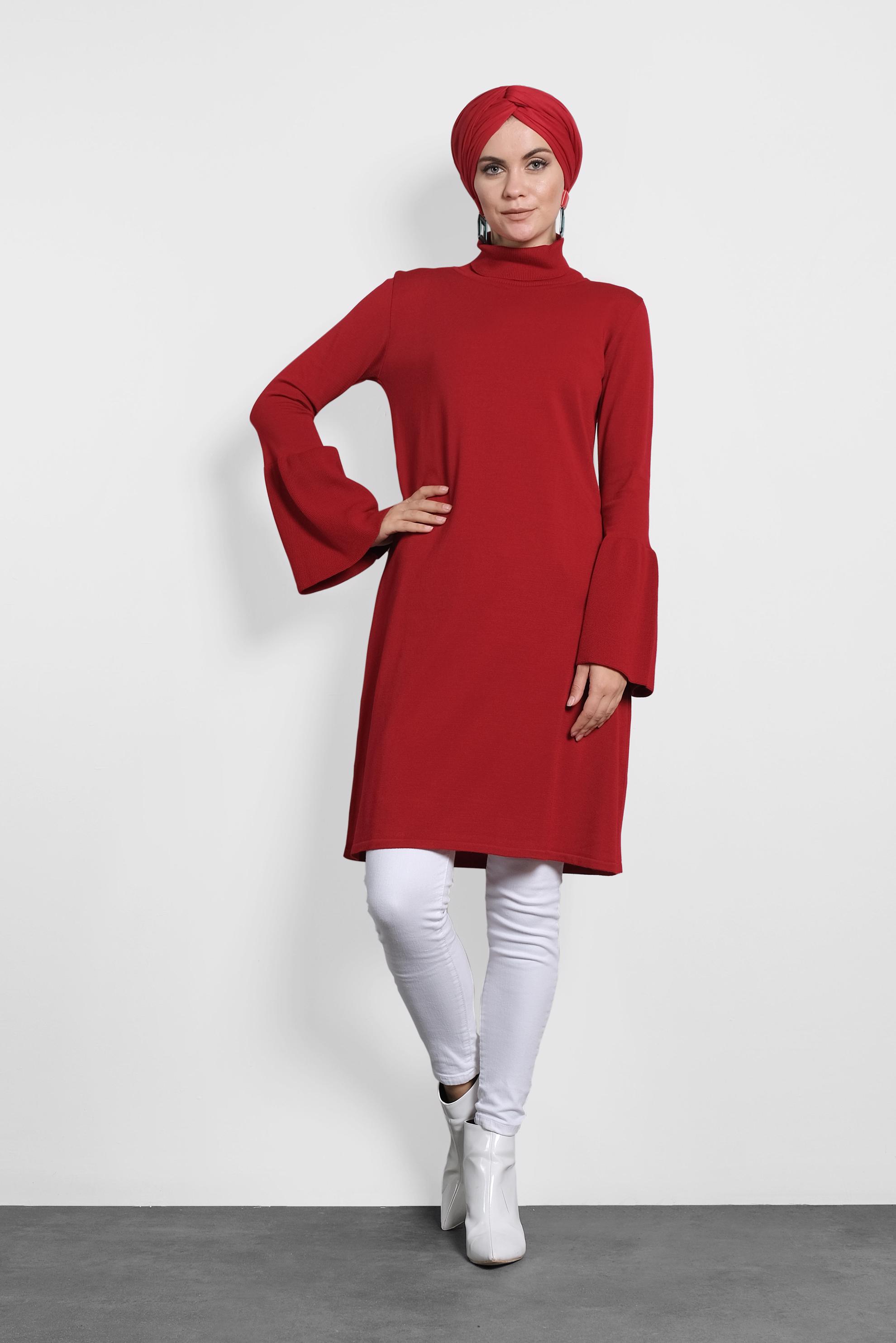 Tesettür giyim KIRMIZI GENİŞ KOL BALIKÇI YAKA TRİKO TUNİK 40002