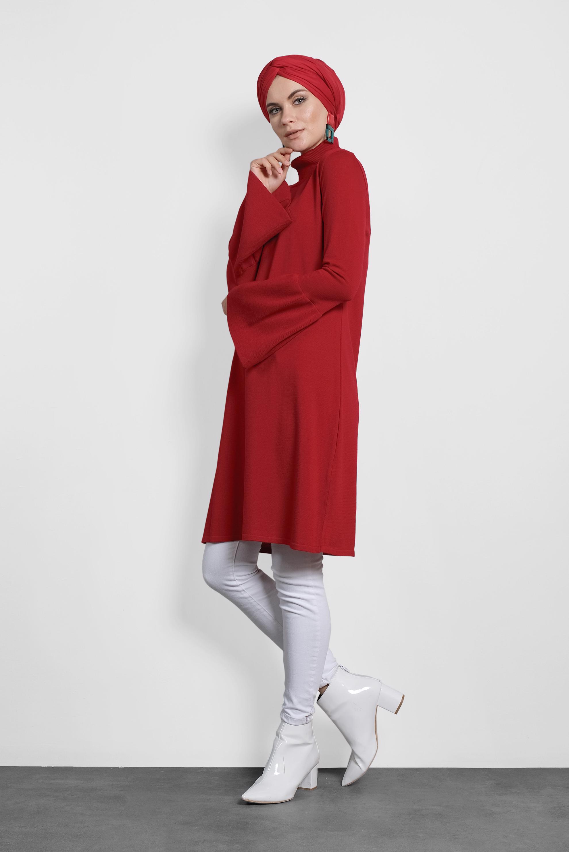 Tesettür giyim KIRMIZI GENİŞ KOL BALIKÇI YAKA TRİKO TUNİK 40002