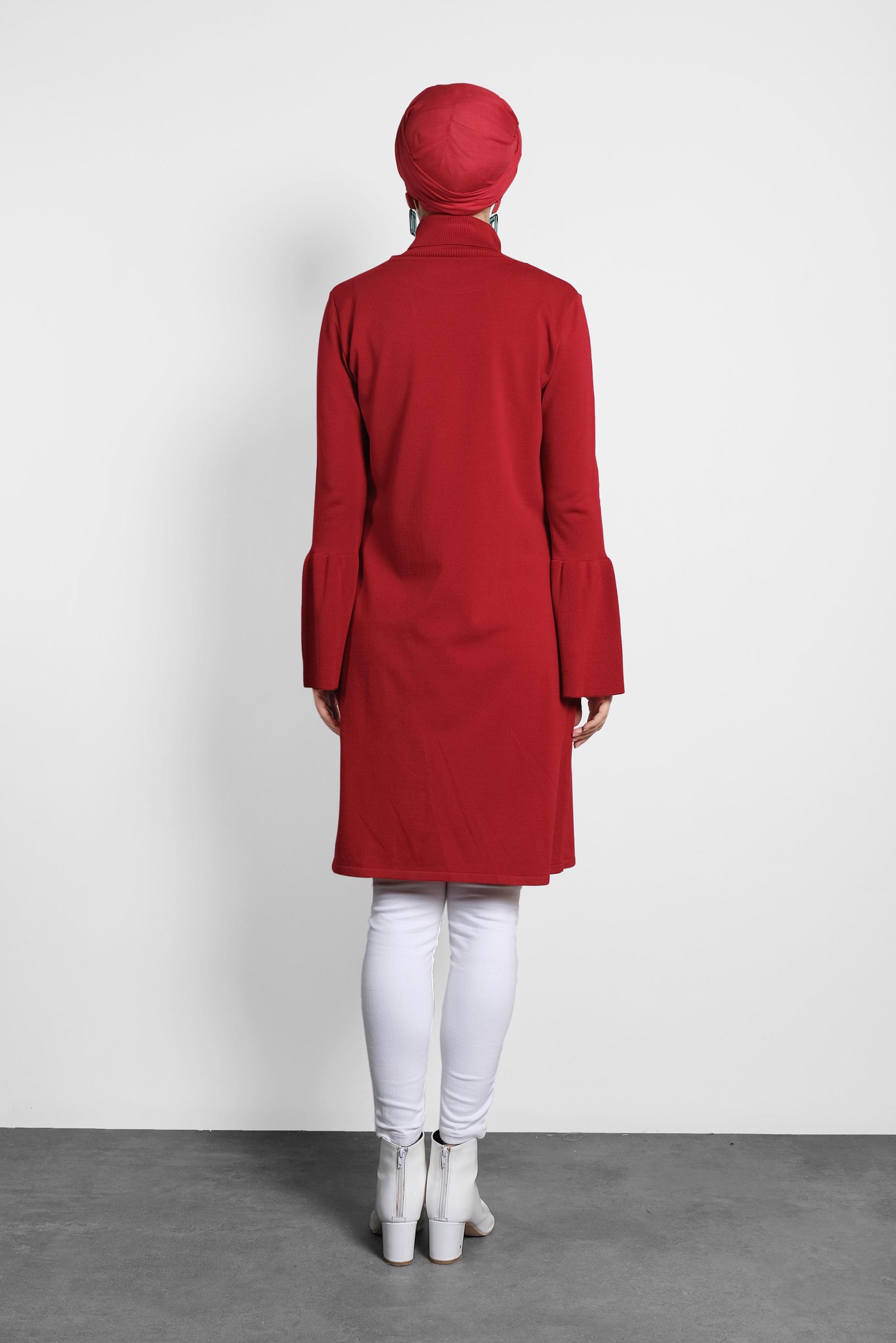 Tesettür giyim KIRMIZI GENİŞ KOL BALIKÇI YAKA TRİKO TUNİK 40002