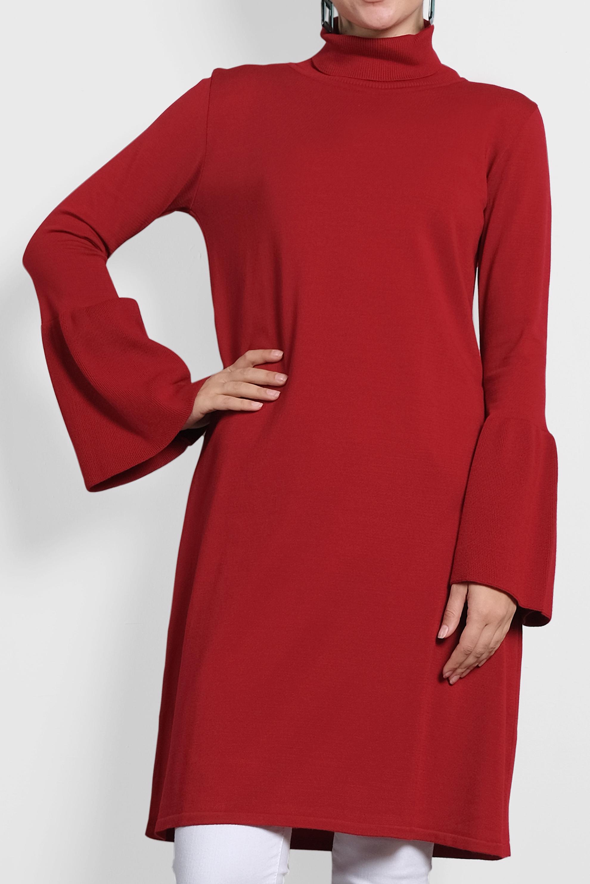 Tesettür giyim KIRMIZI GENİŞ KOL BALIKÇI YAKA TRİKO TUNİK 40002