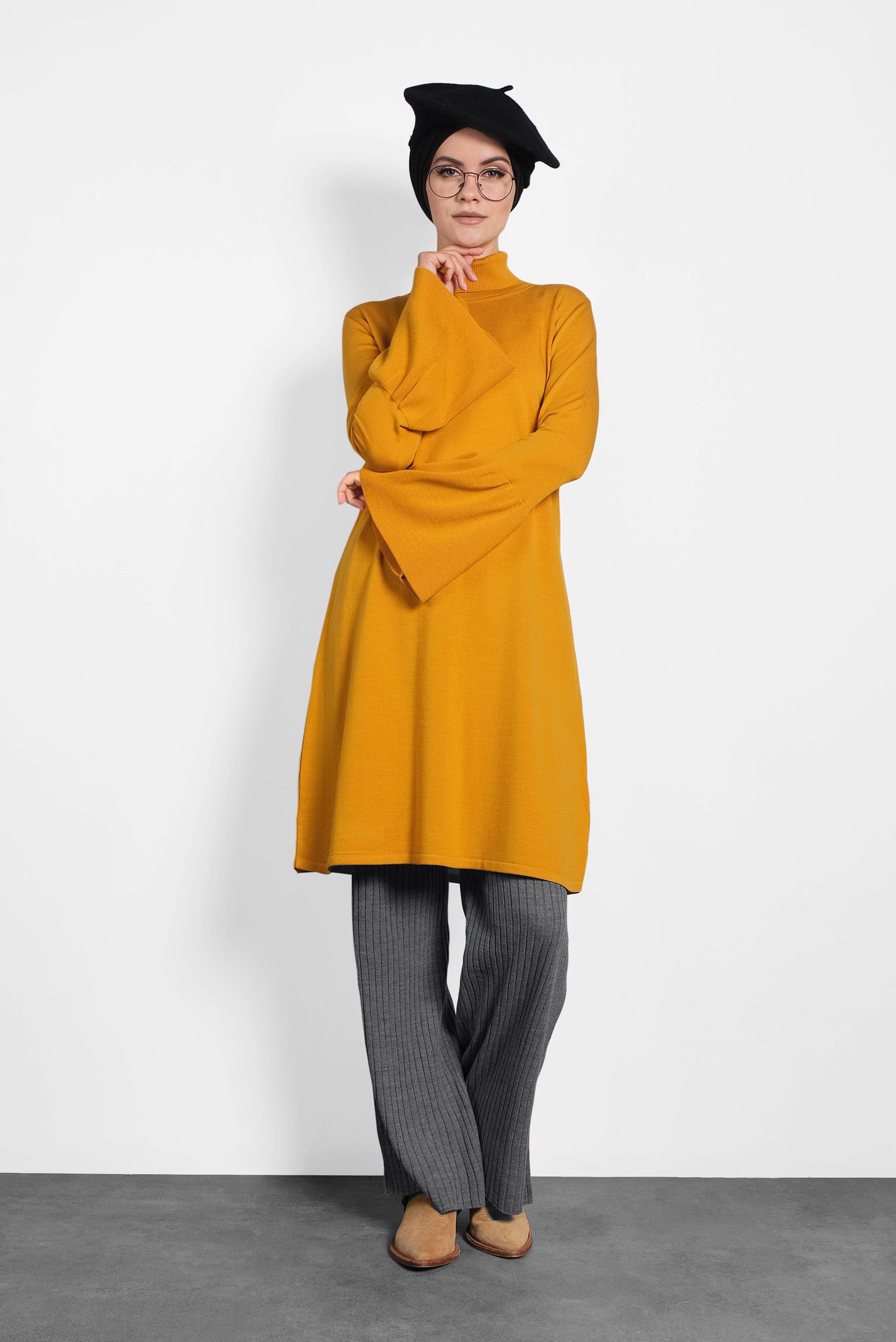 Tesettür giyim SARI GENİŞ KOL BALIKÇI YAKA TRİKO TUNİK 40002