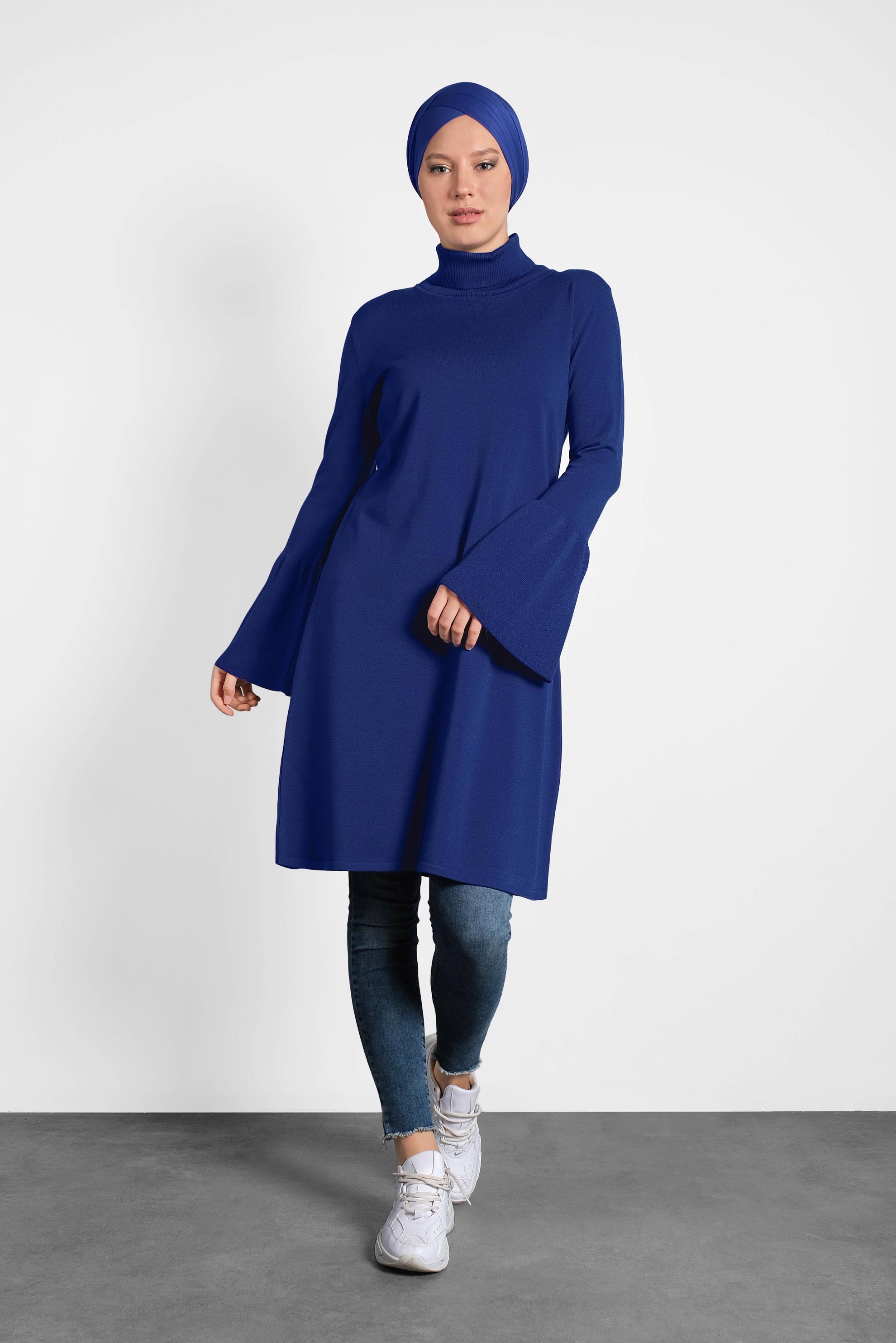 Tesettür giyim LACİVERT GENİŞ KOL BALIKÇI YAKA TRİKO TUNİK 40002