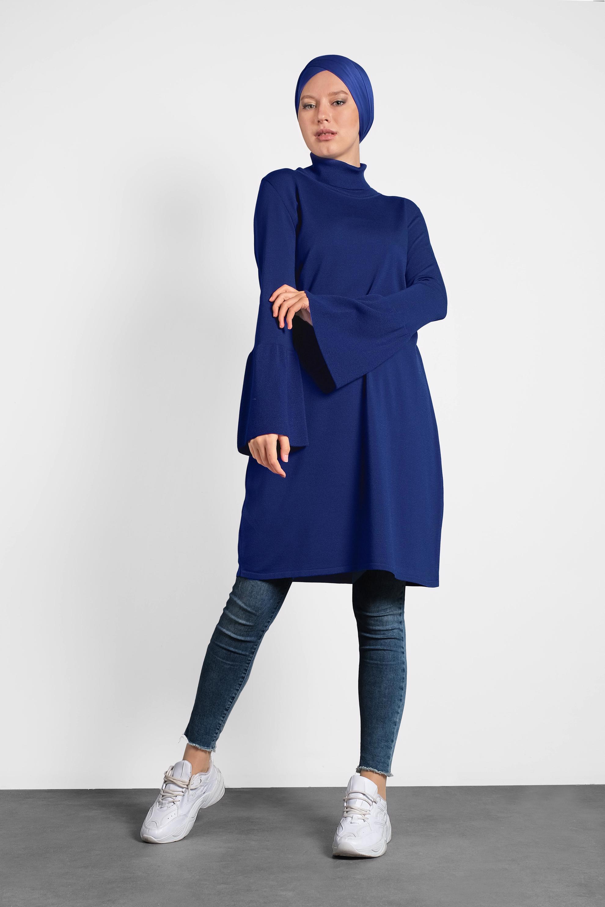 Tesettür giyim LACİVERT GENİŞ KOL BALIKÇI YAKA TRİKO TUNİK 40002