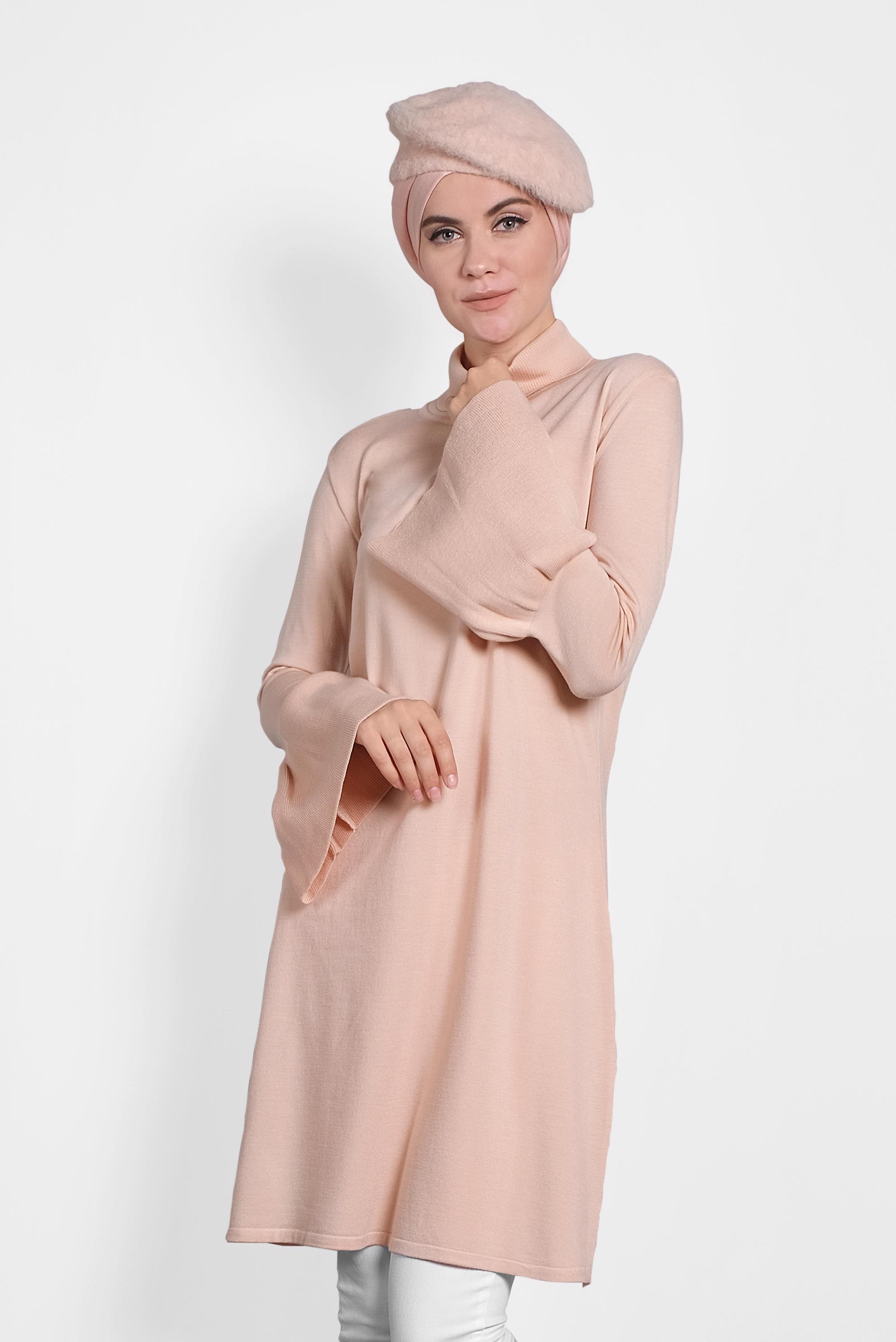 Tesettür giyim PUDRA GENİŞ KOL BALIKÇI YAKA TRİKO TUNİK 40002