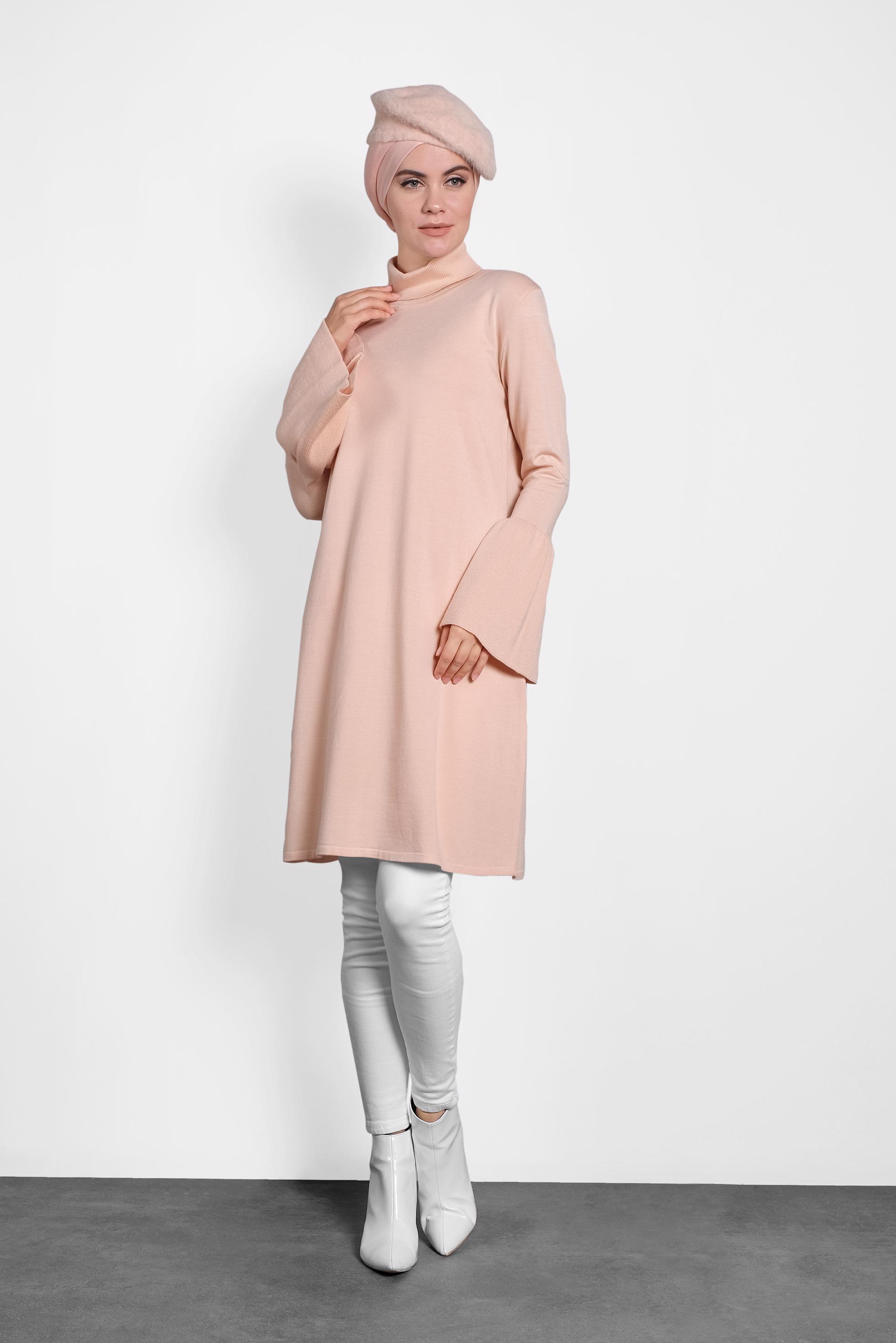 Tesettür giyim PUDRA GENİŞ KOL BALIKÇI YAKA TRİKO TUNİK 40002