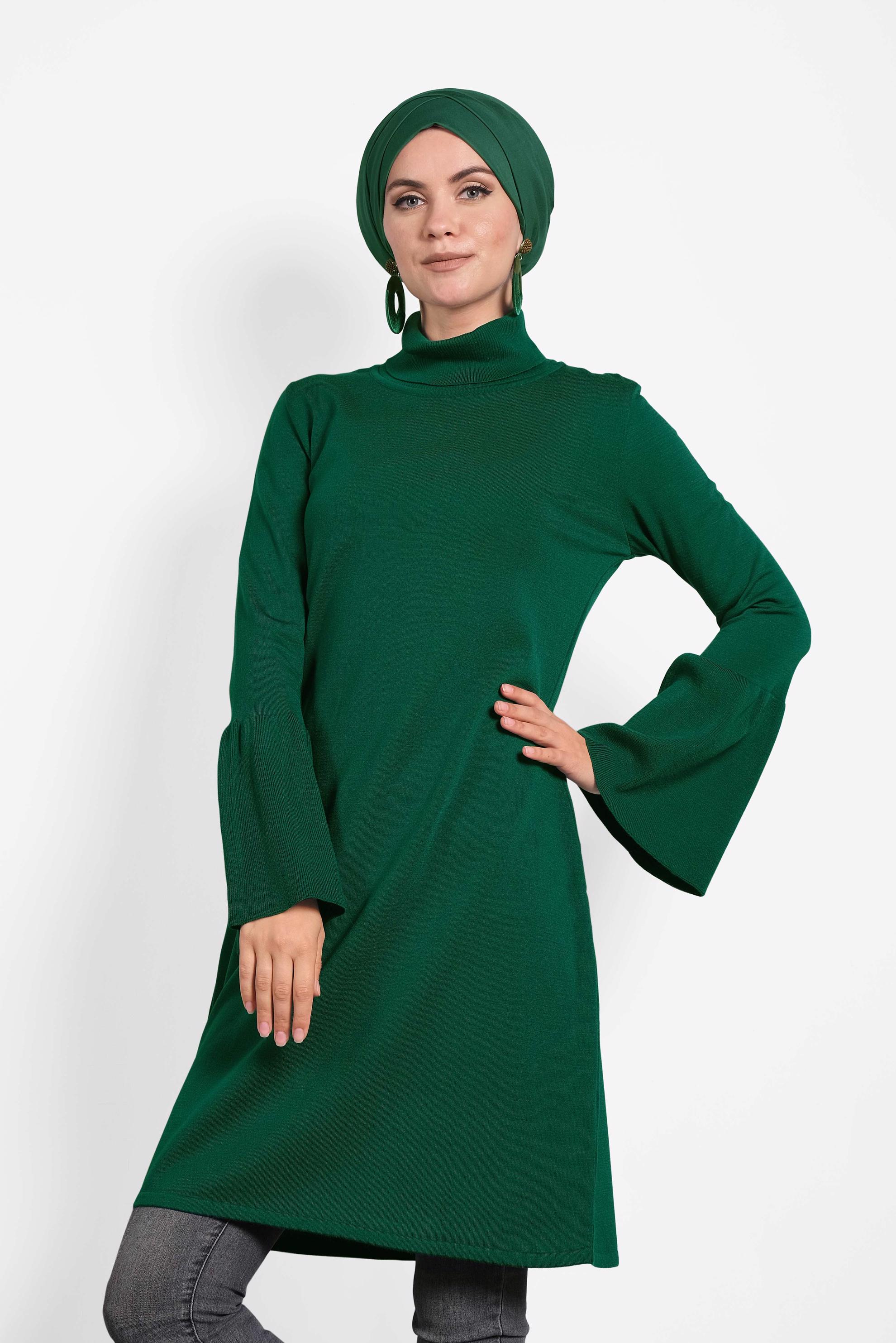 Tesettür giyim YEŞİL GENİŞ KOL BALIKÇI YAKA TRİKO TUNİK 40002