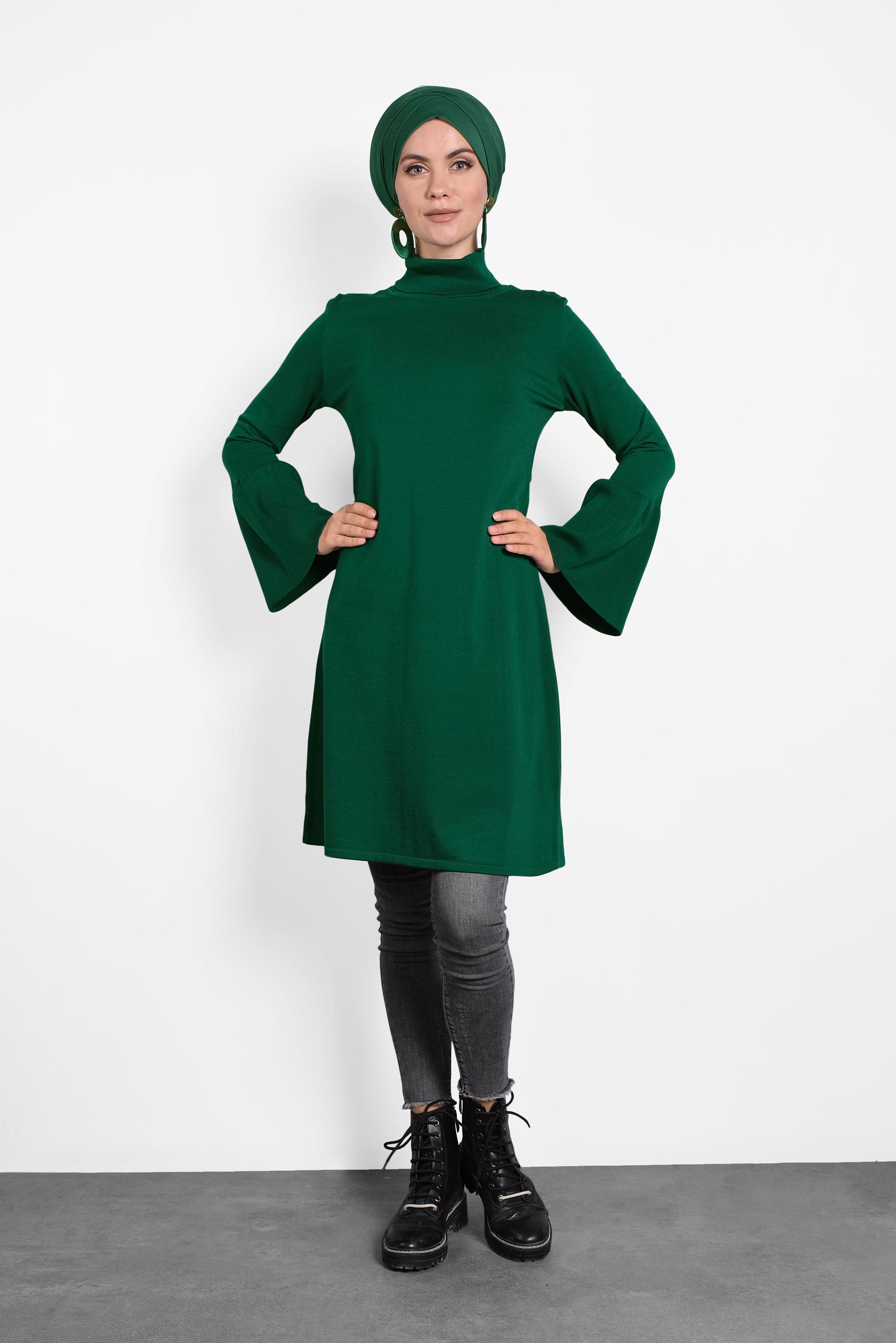 Tesettür giyim YEŞİL GENİŞ KOL BALIKÇI YAKA TRİKO TUNİK 40002