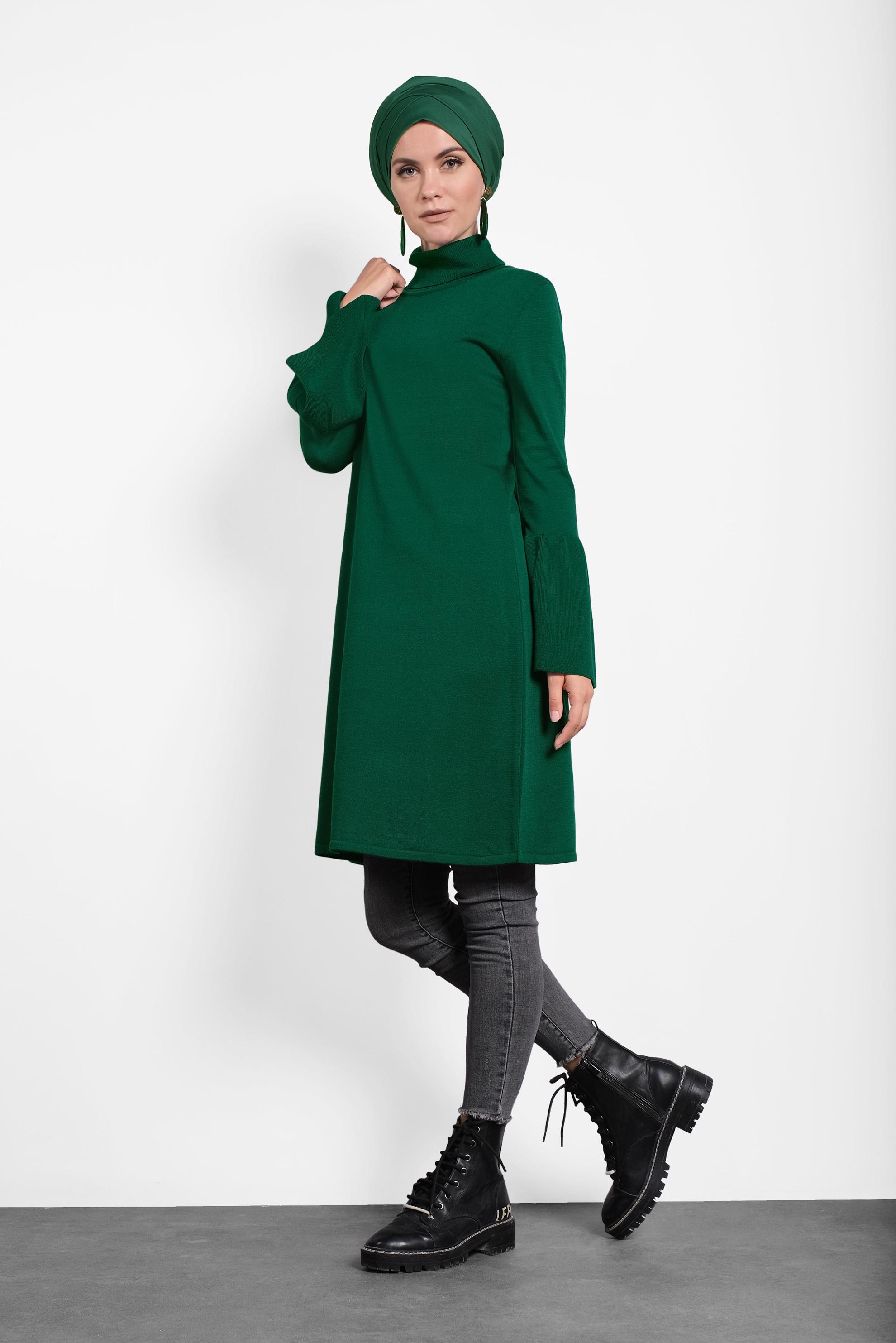 Tesettür giyim YEŞİL GENİŞ KOL BALIKÇI YAKA TRİKO TUNİK 40002