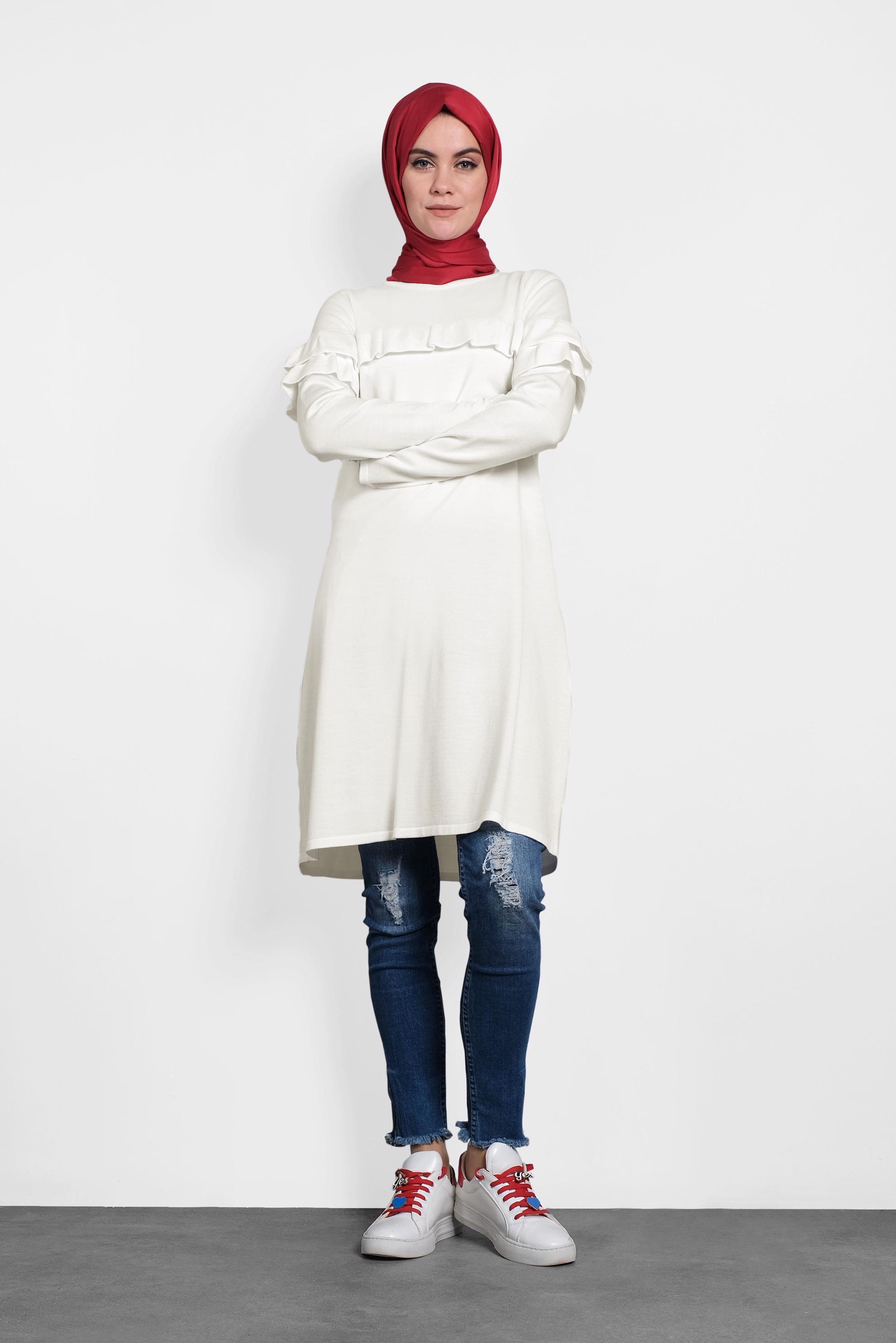 Tesettür giyim BEYAZ FIRFIRLI TRİKO TUNİK  40003 