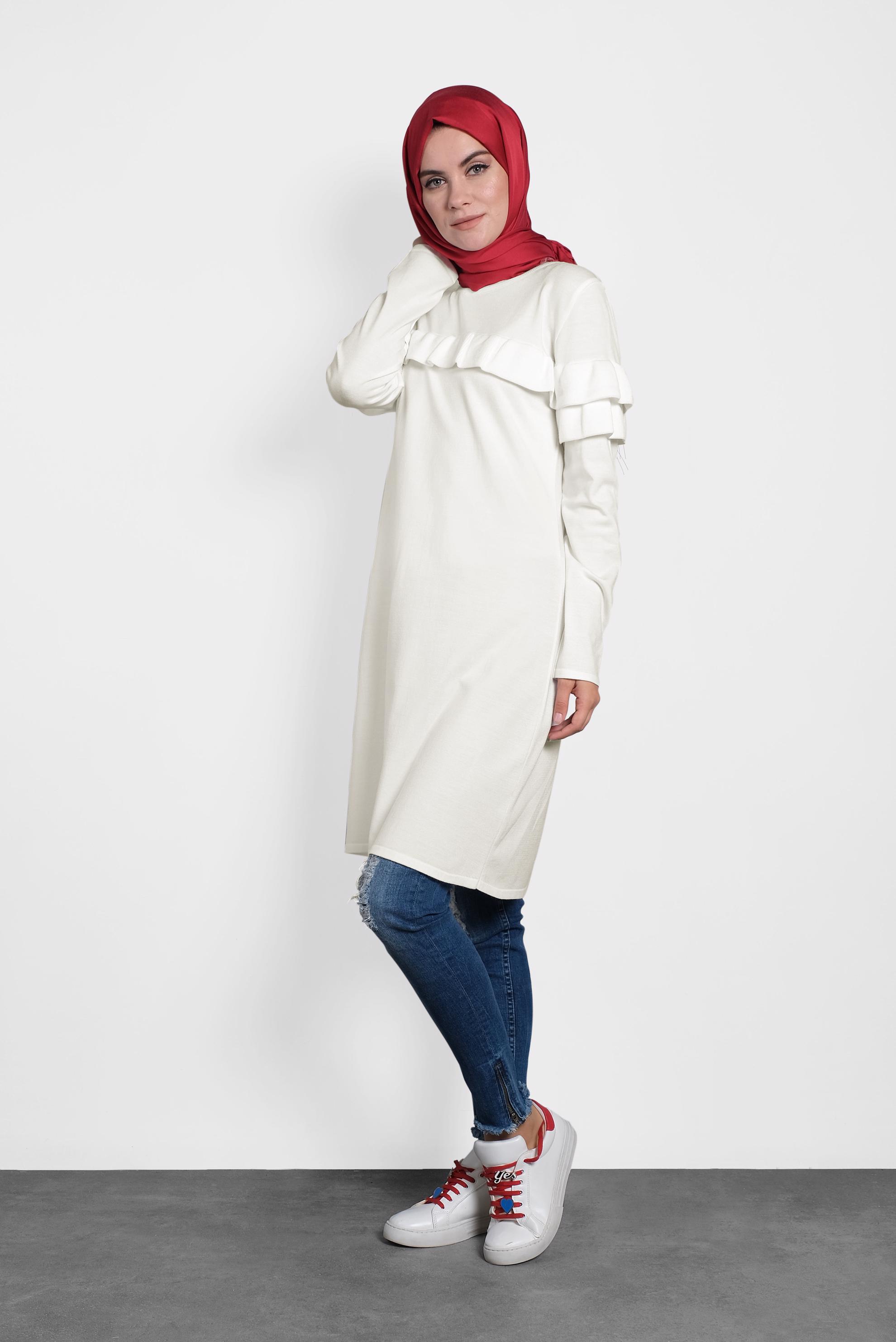 Tesettür giyim BEYAZ FIRFIRLI TRİKO TUNİK  40003 