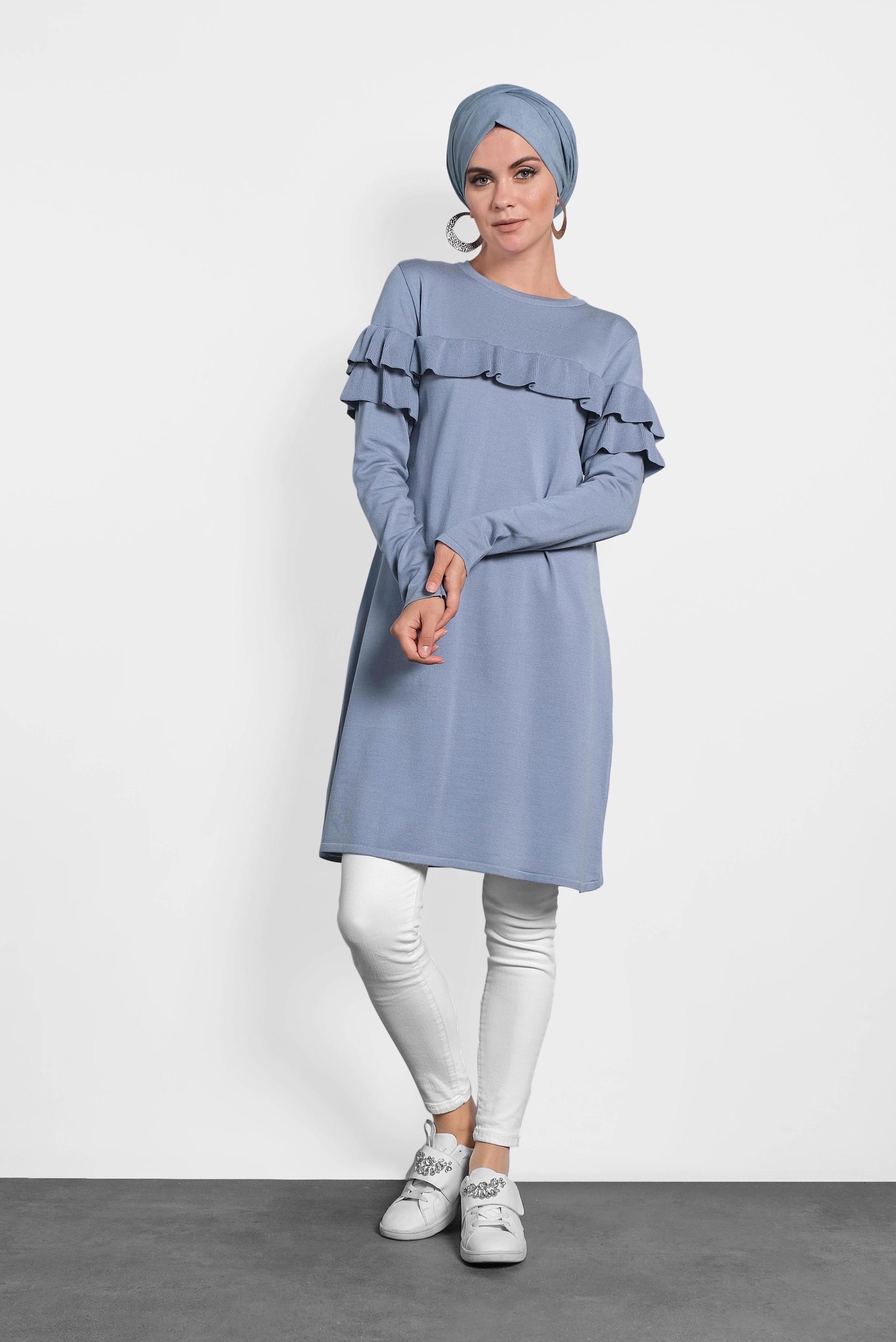 Tesettür giyim MAVİ FIRFIRLI TRİKO TUNİK  40003 