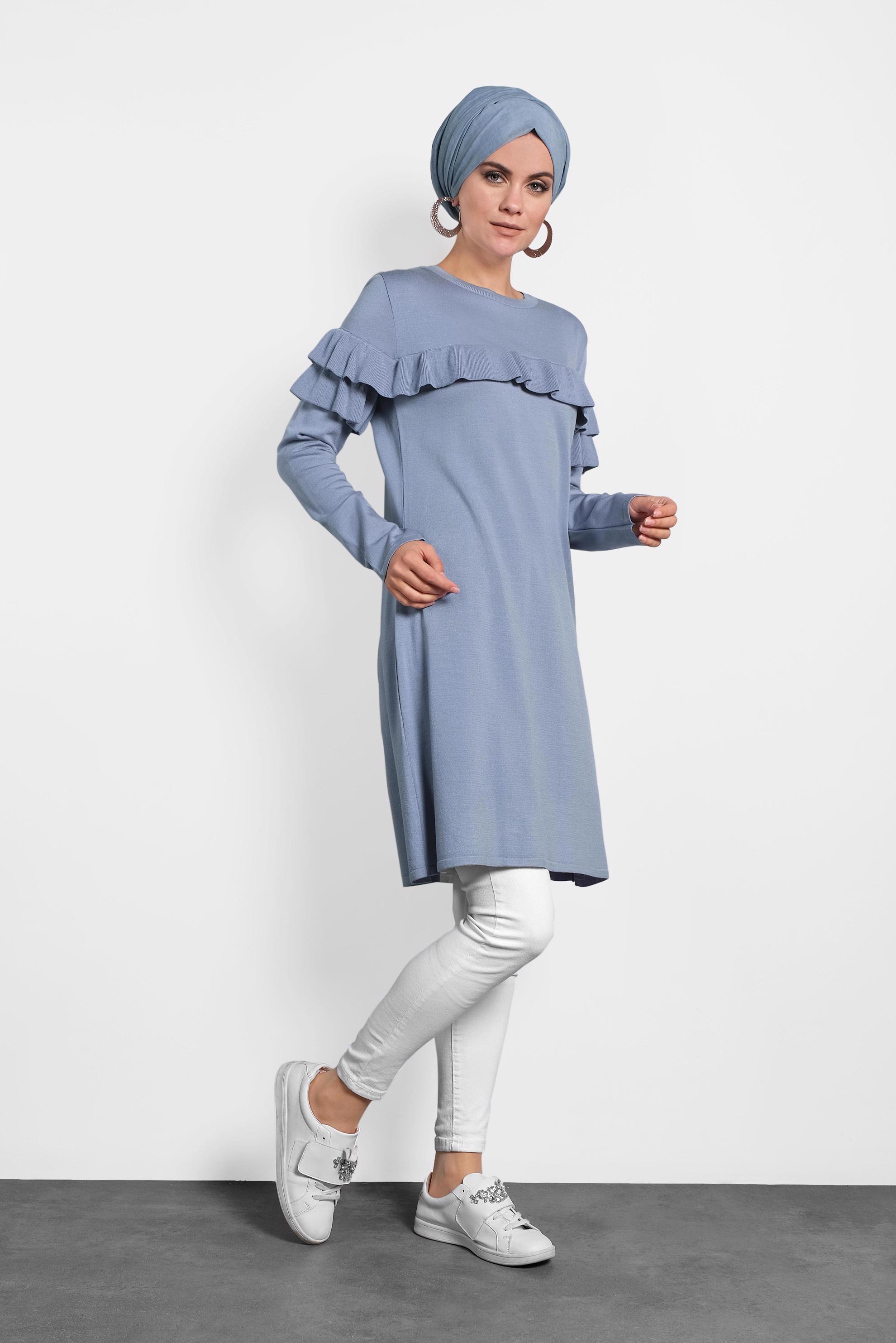 Tesettür giyim MAVİ FIRFIRLI TRİKO TUNİK  40003 