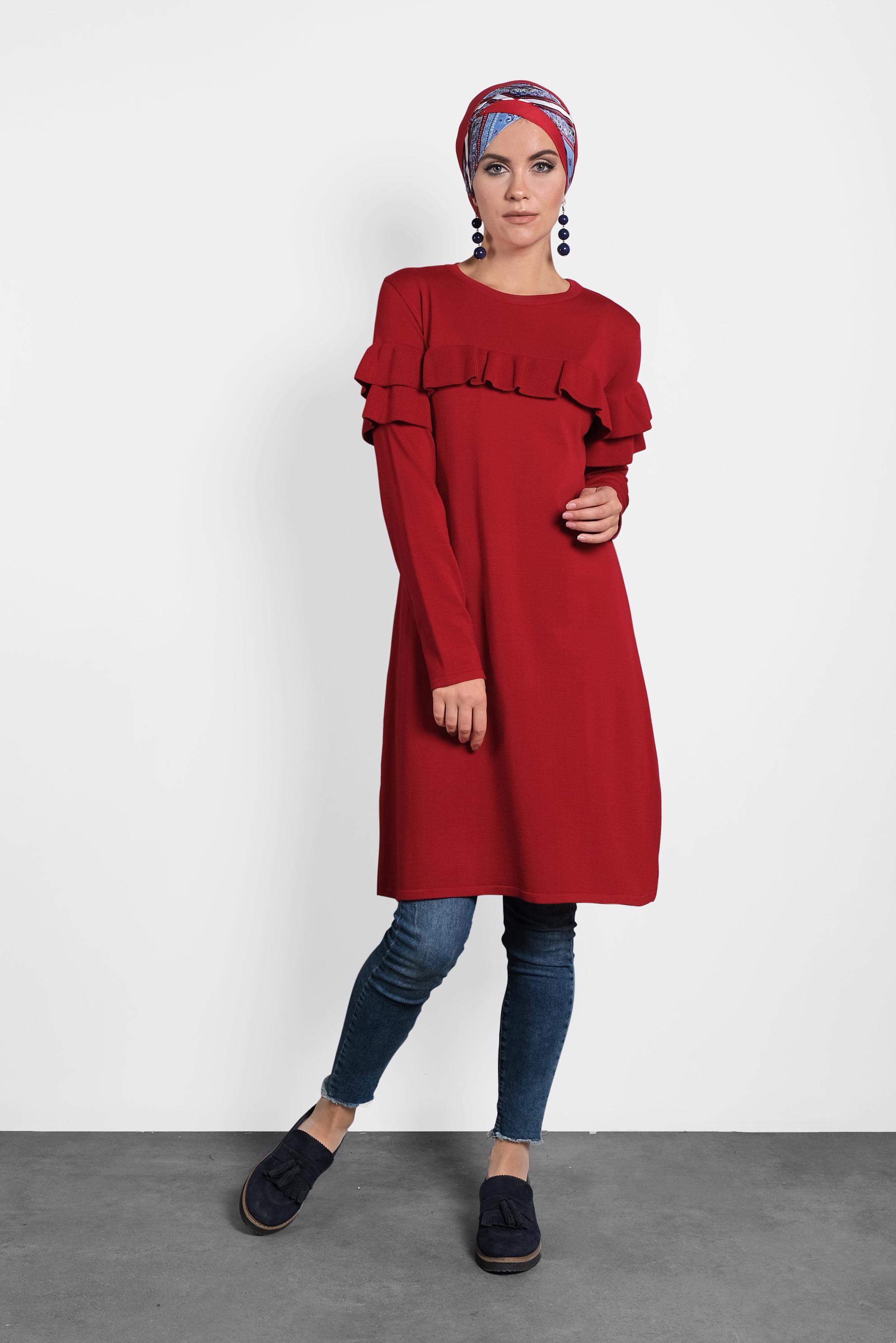 Tesettür giyim KIRMIZI FIRFIRLI TRİKO TUNİK  40003 