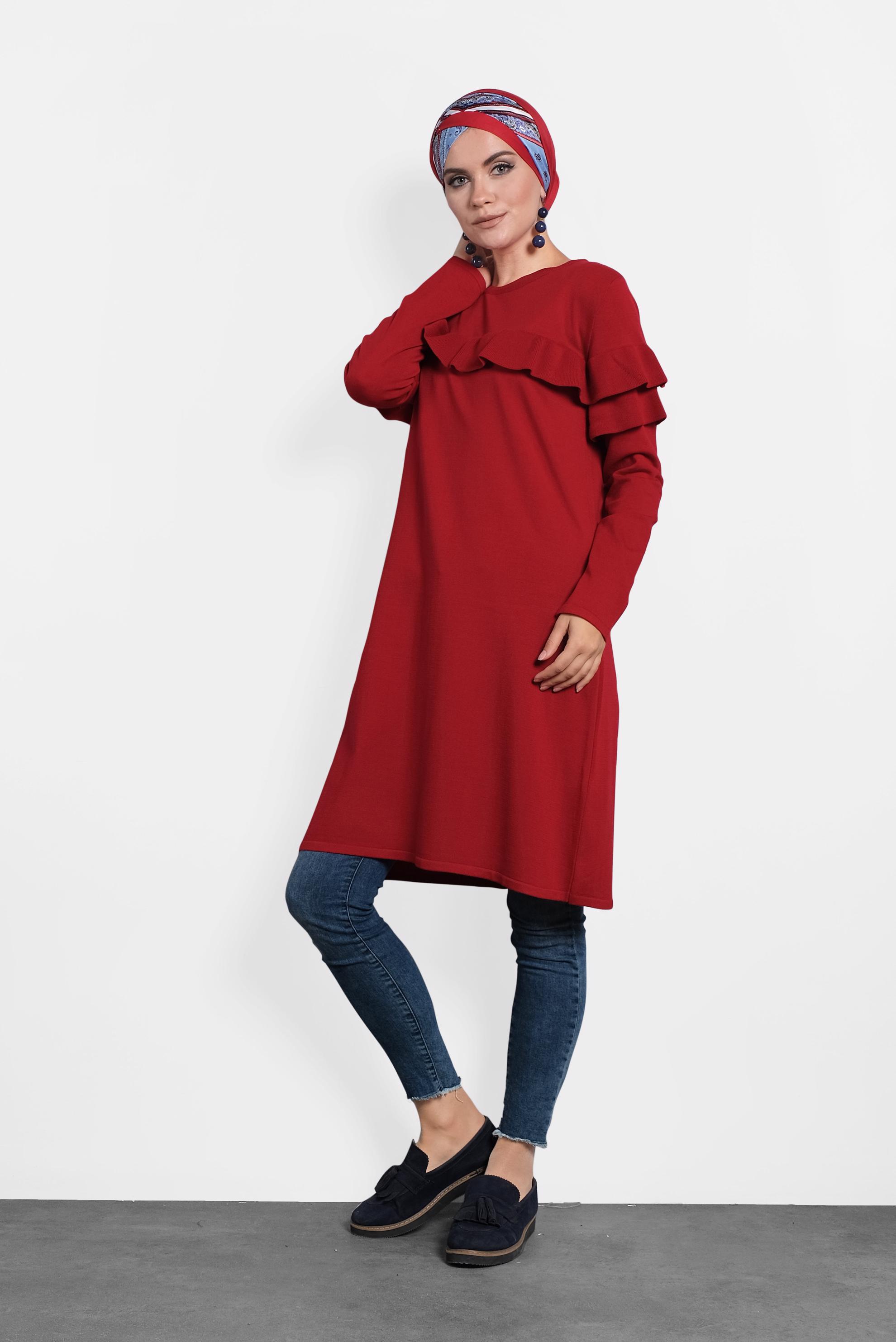 Tesettür giyim KIRMIZI FIRFIRLI TRİKO TUNİK  40003 