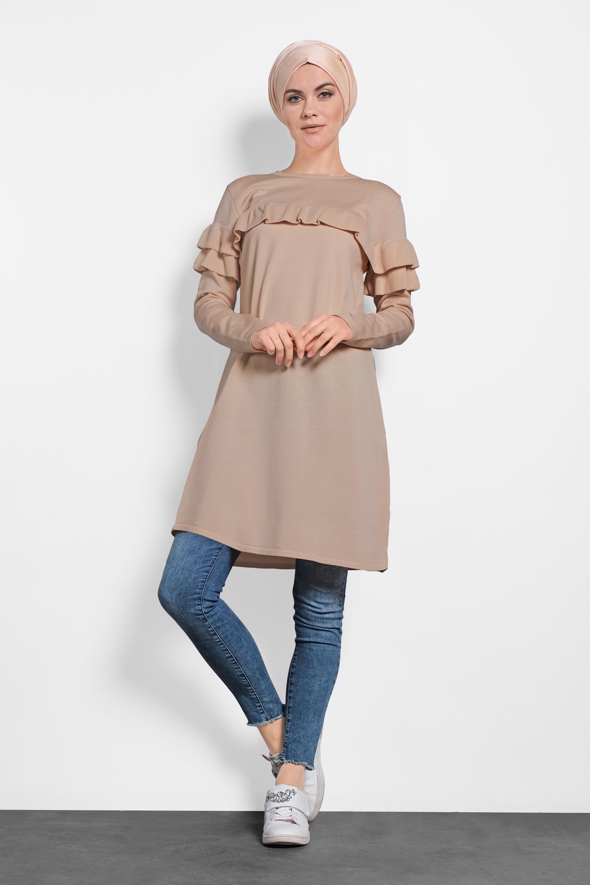 Tesettür giyim BEJ FIRFIRLI TRİKO TUNİK  40003 