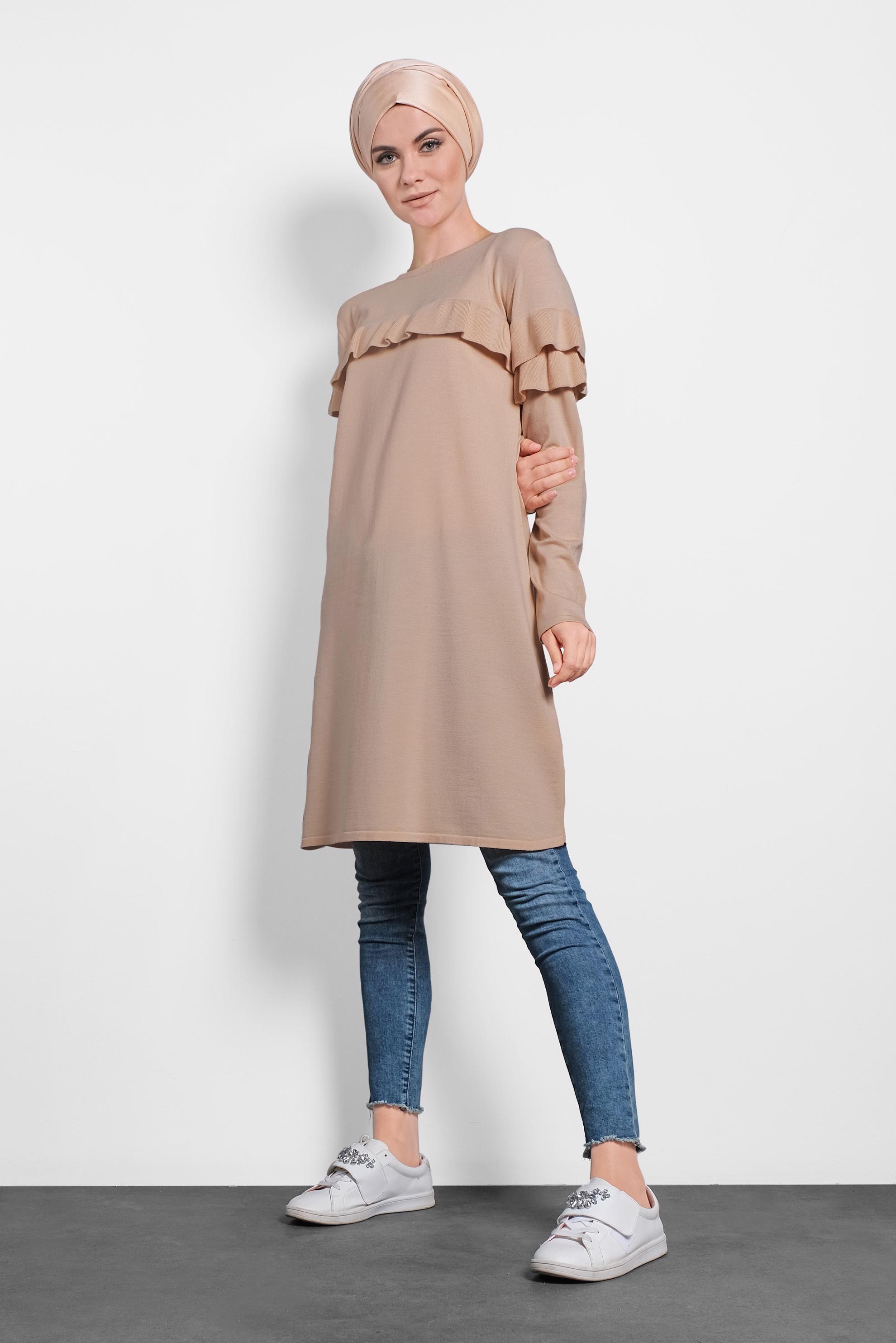 Tesettür giyim BEJ FIRFIRLI TRİKO TUNİK  40003 