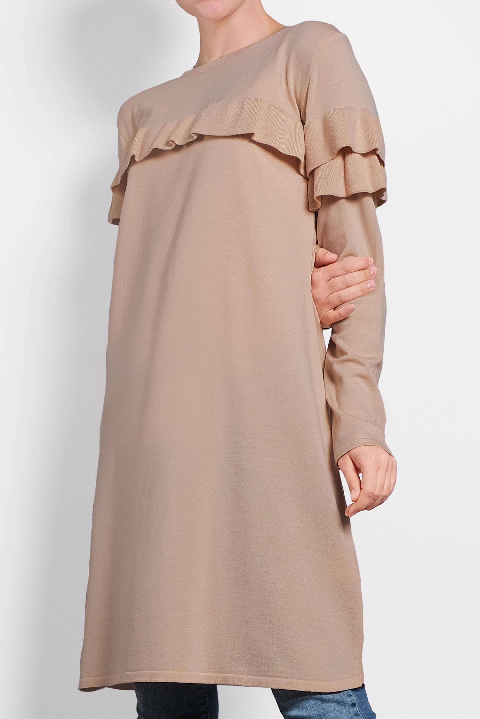 Tesettür giyim BEJ FIRFIRLI TRİKO TUNİK  40003 