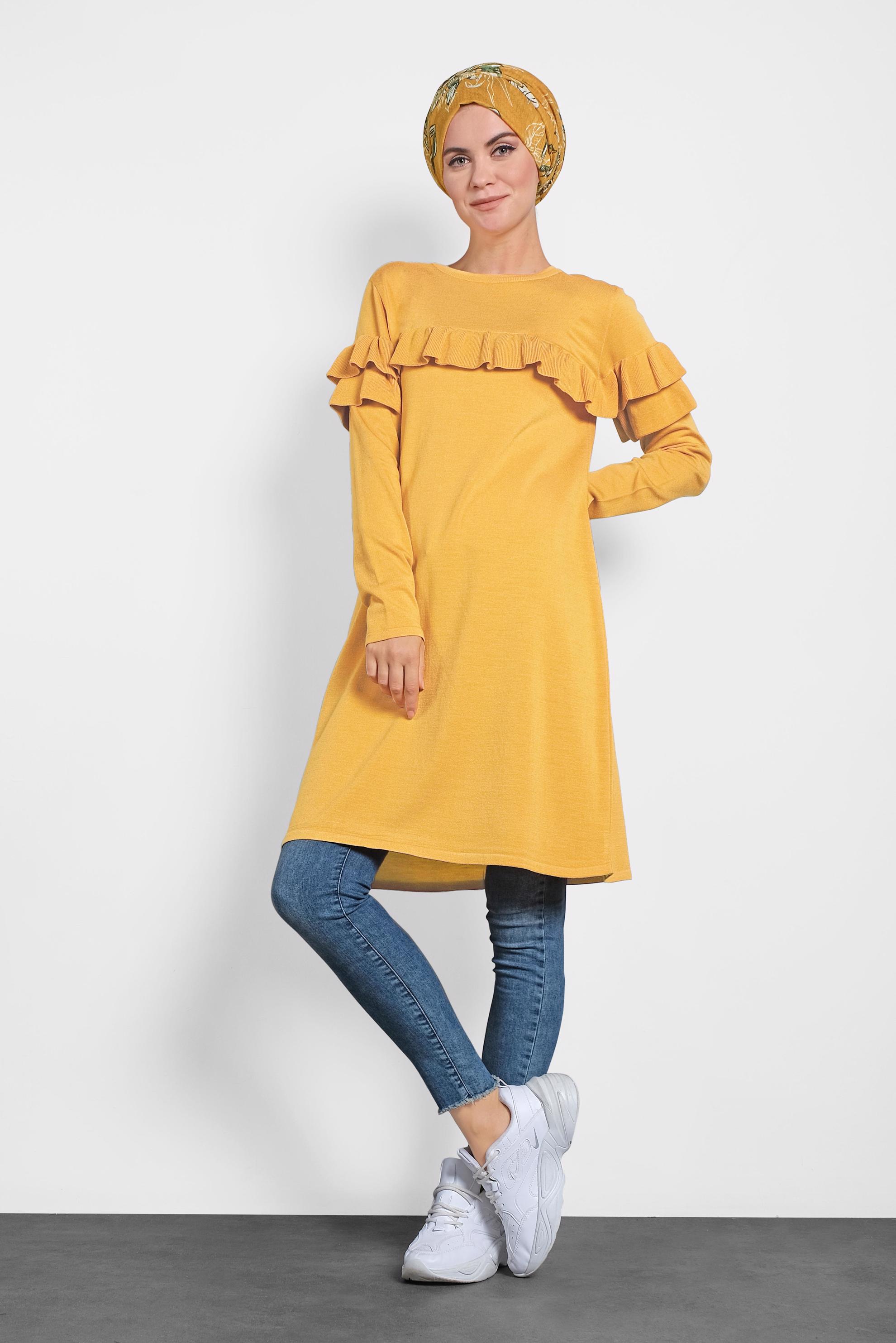 Tesettür giyim SARI FIRFIRLI TRİKO TUNİK  40003 