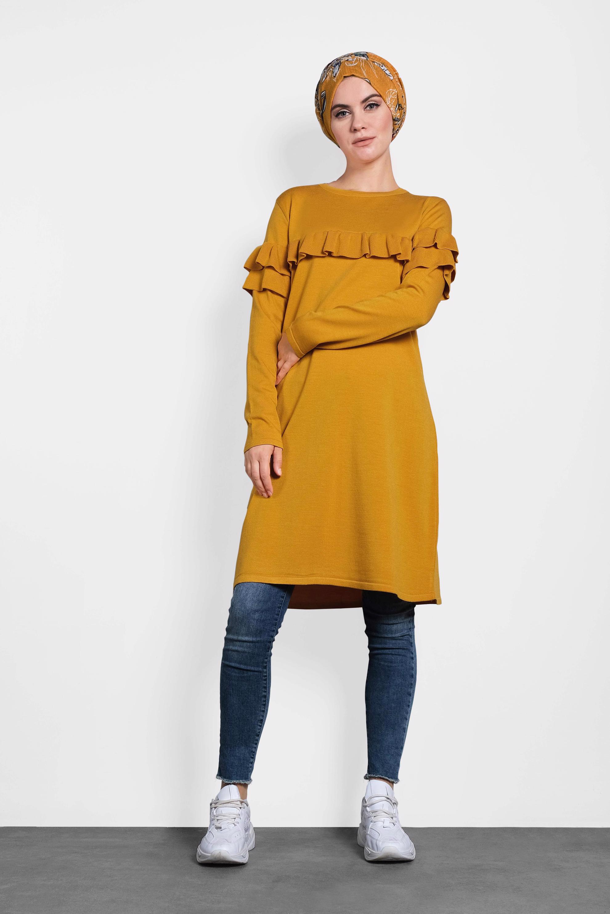 Tesettür giyim SARI FIRFIRLI TRİKO TUNİK  40003 