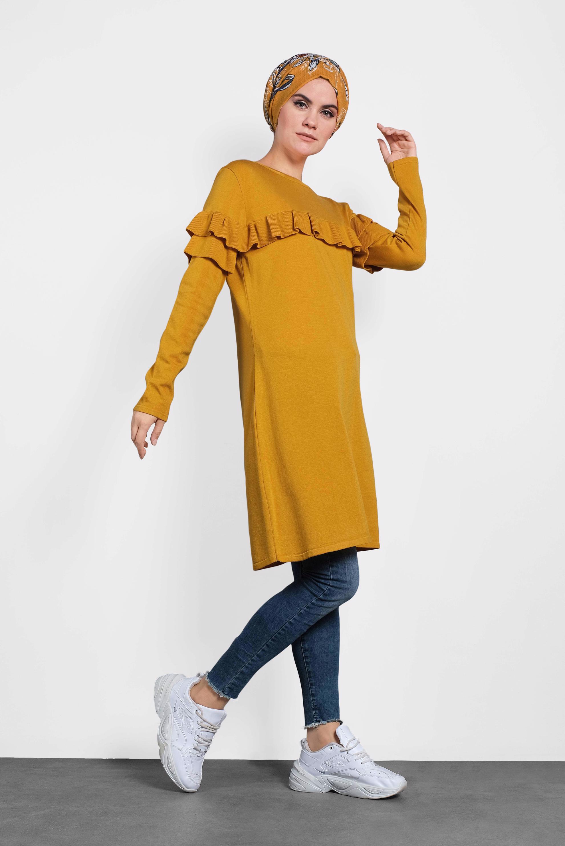 Tesettür giyim SARI FIRFIRLI TRİKO TUNİK  40003 