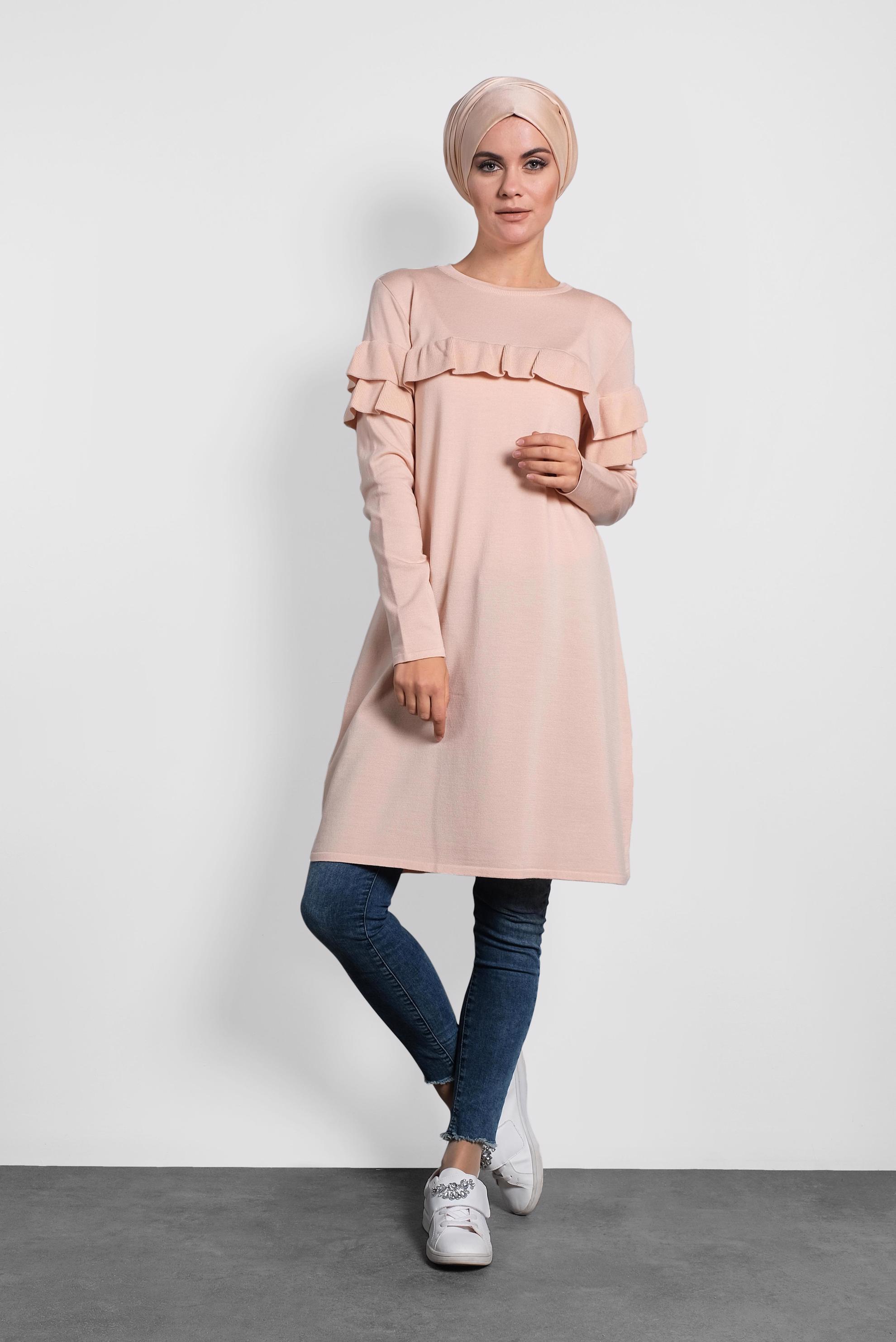 Tesettür giyim PUDRA FIRFIRLI TRİKO TUNİK  40003 