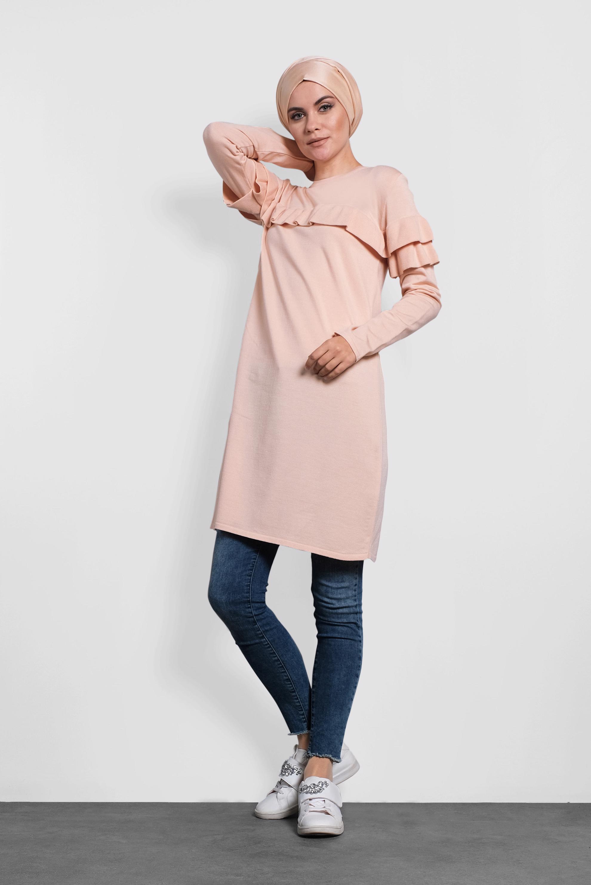 Tesettür giyim PUDRA FIRFIRLI TRİKO TUNİK  40003 
