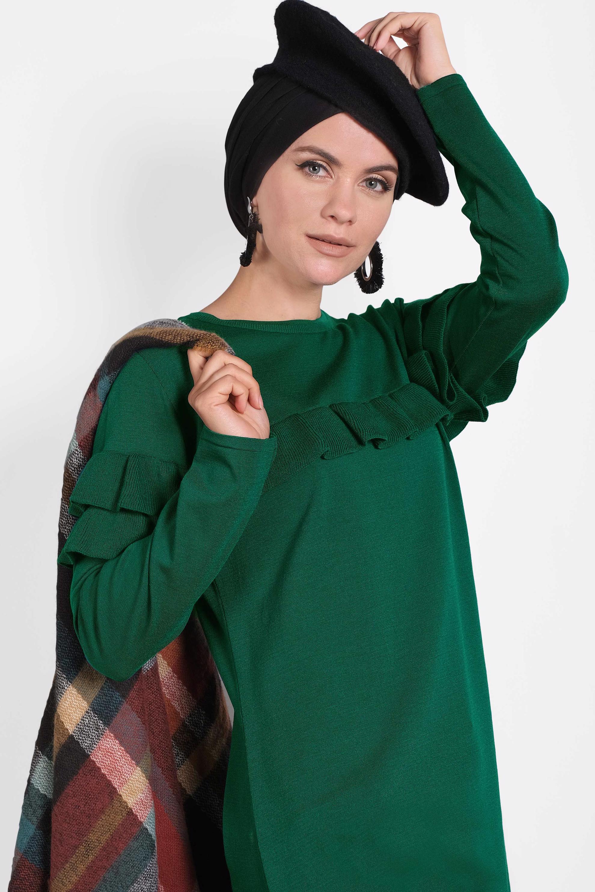 Tesettür giyim YEŞİL FIRFIRLI TRİKO TUNİK  40003 