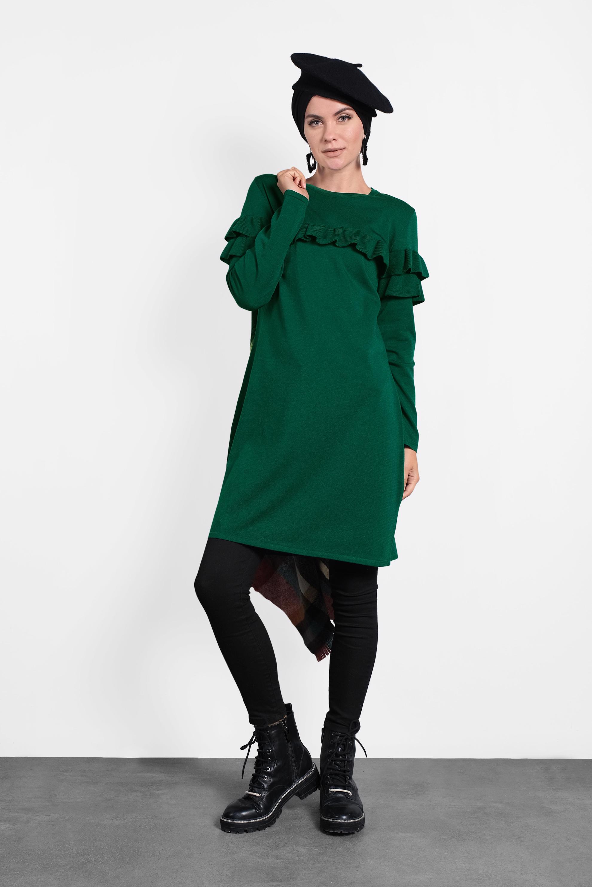 Tesettür giyim YEŞİL FIRFIRLI TRİKO TUNİK  40003 