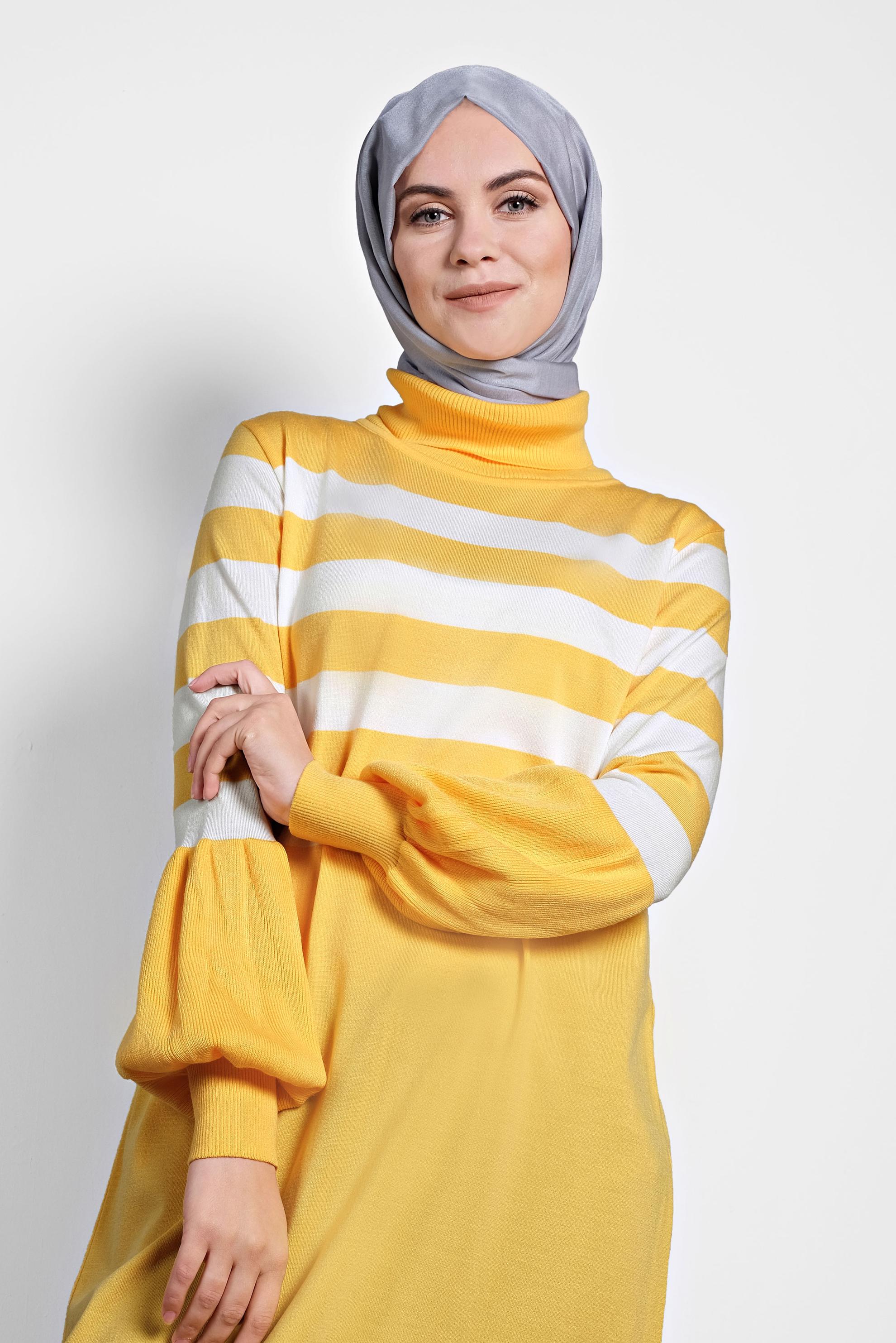 Tesettür giyim SARI BİSHOP-KOL ŞERİTLİ TRİKO TUNİK 40004 