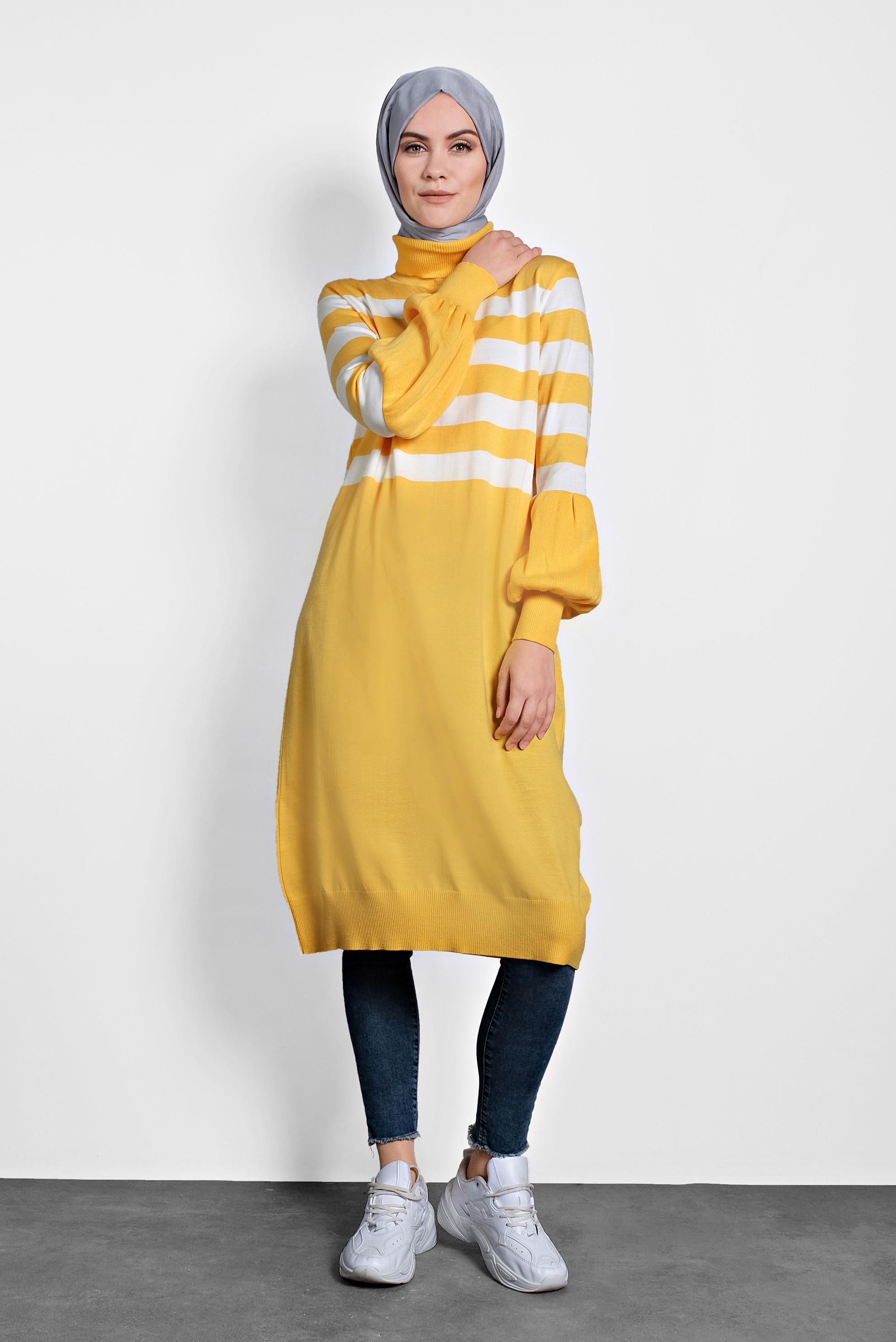 Tesettür giyim SARI BİSHOP-KOL ŞERİTLİ TRİKO TUNİK 40004 