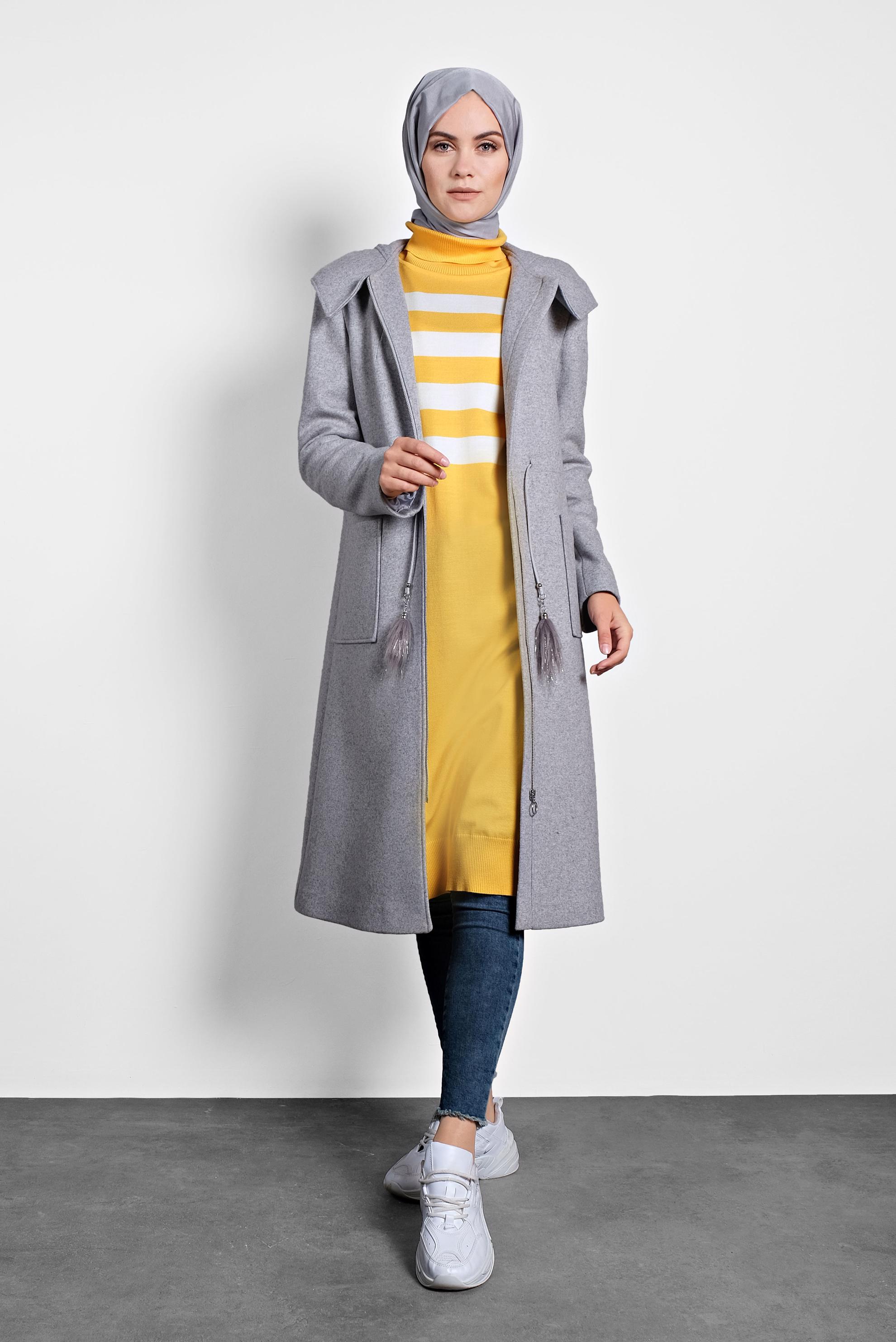 Tesettür giyim SARI BİSHOP-KOL ŞERİTLİ TRİKO TUNİK 40004 